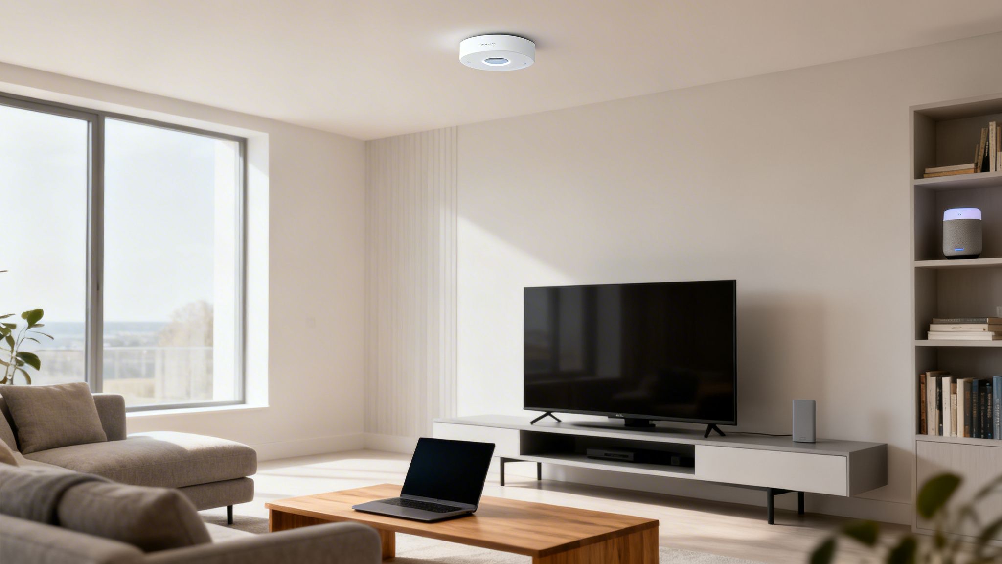 A bright, modern living room featuring smart home devices, a ceiling sensor, and a smart speaker.