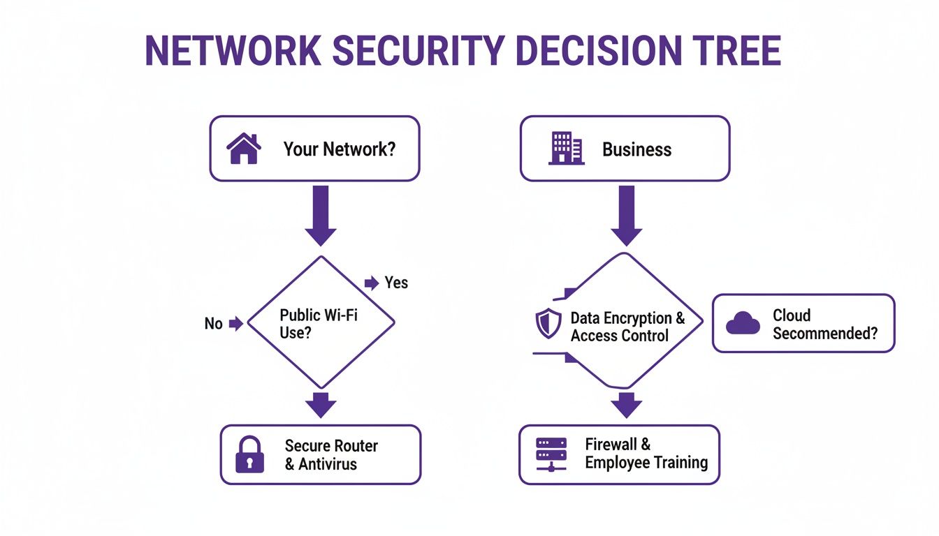 A network security decision tree diagram showing personal and business network security measures and recommendations.