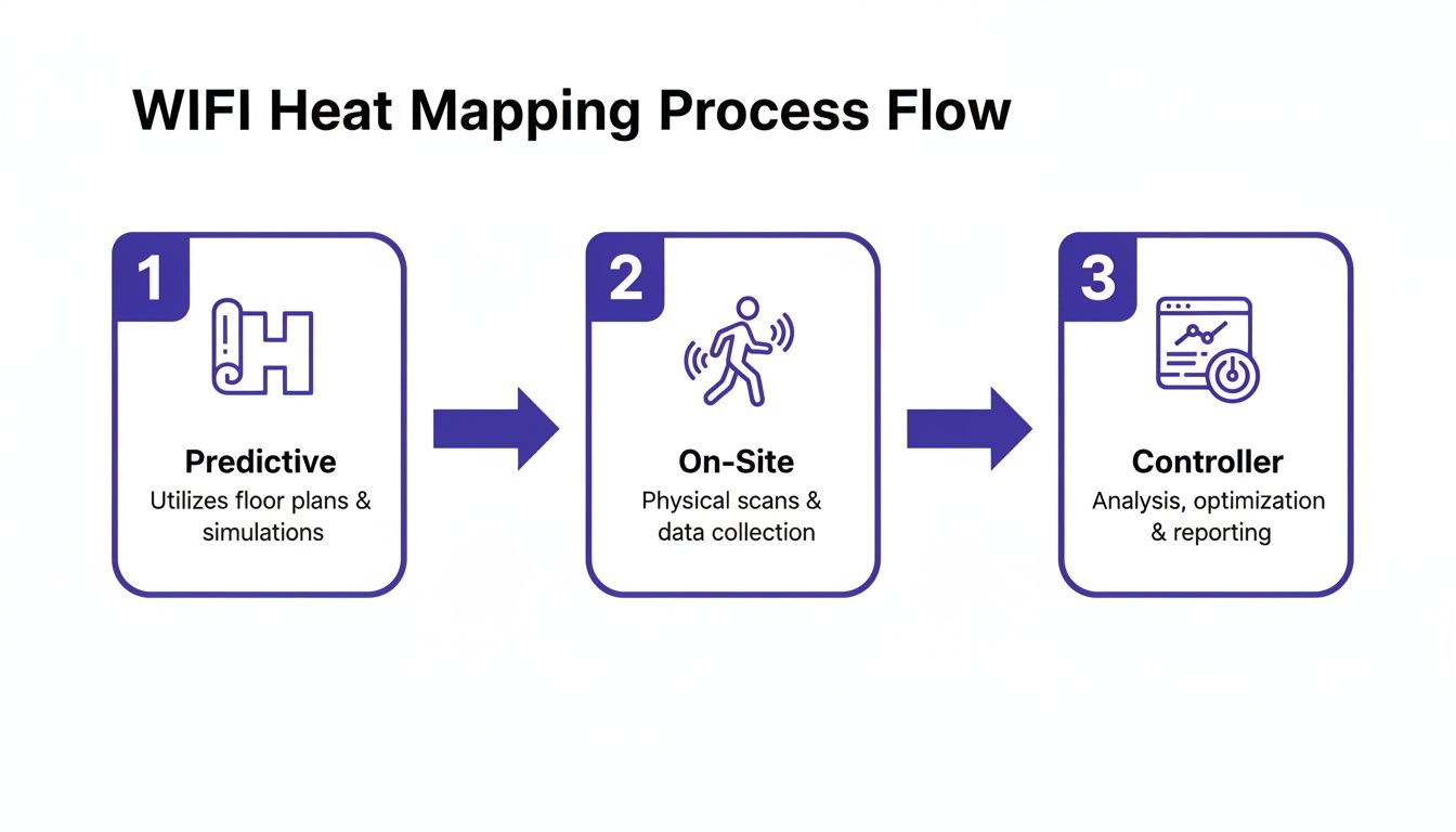 Diagram illustrating the three-step WIFI Heat Mapping Process Flow with icons and descriptions for each stage.