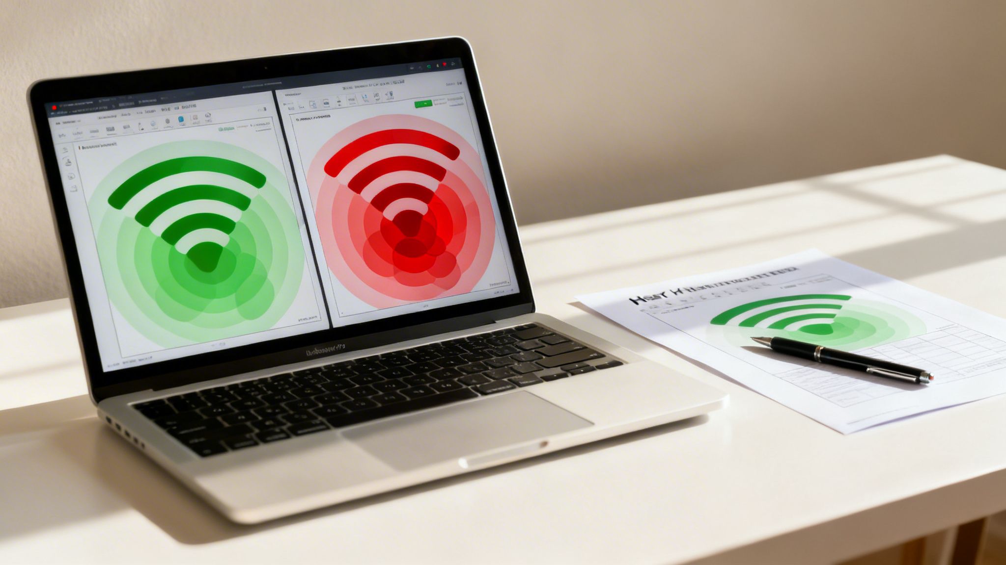 A laptop displays green and red Wi-Fi signal strength maps, with a matching printout and pen on a white desk.
