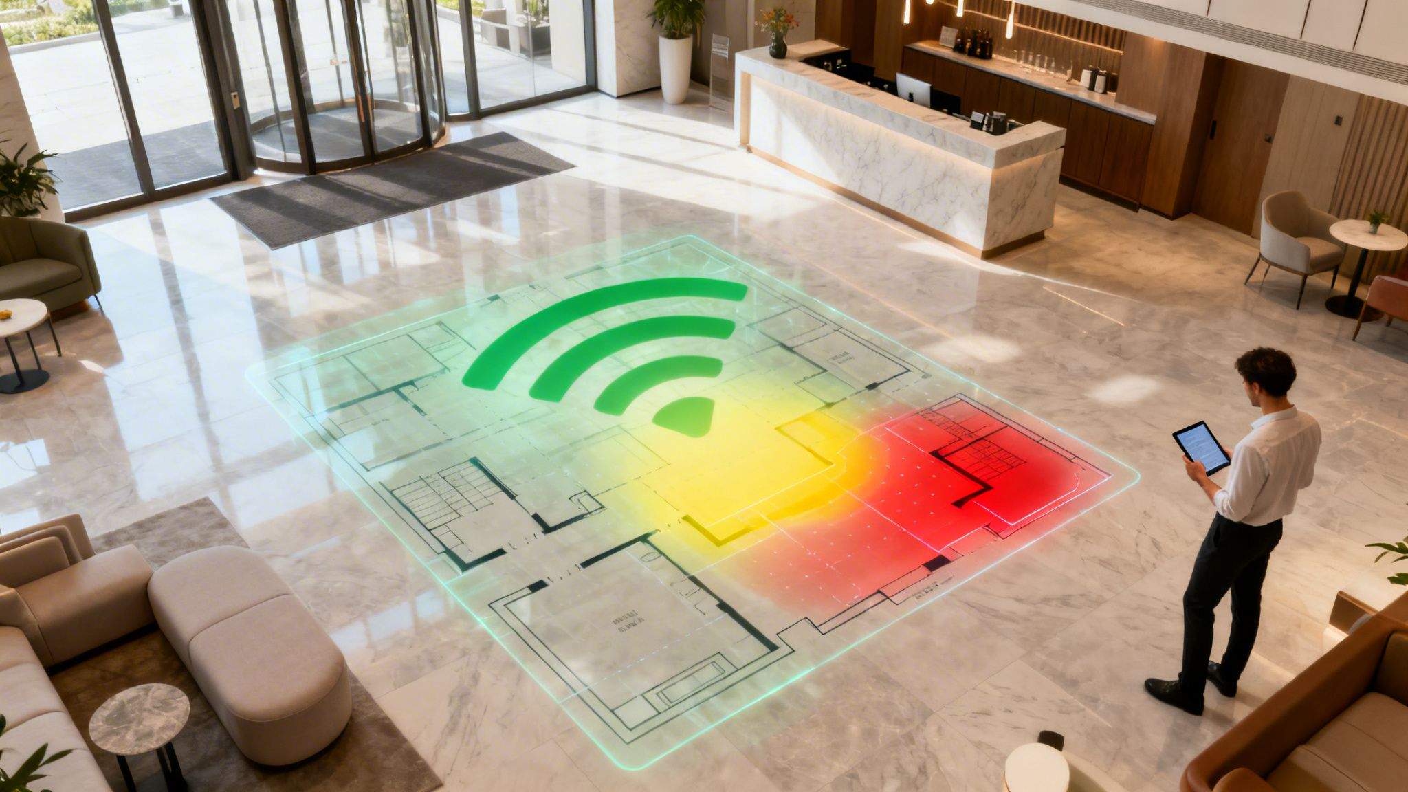Man uses a tablet to view a holographic Wi-Fi signal strength heat map on a modern lobby floor plan.