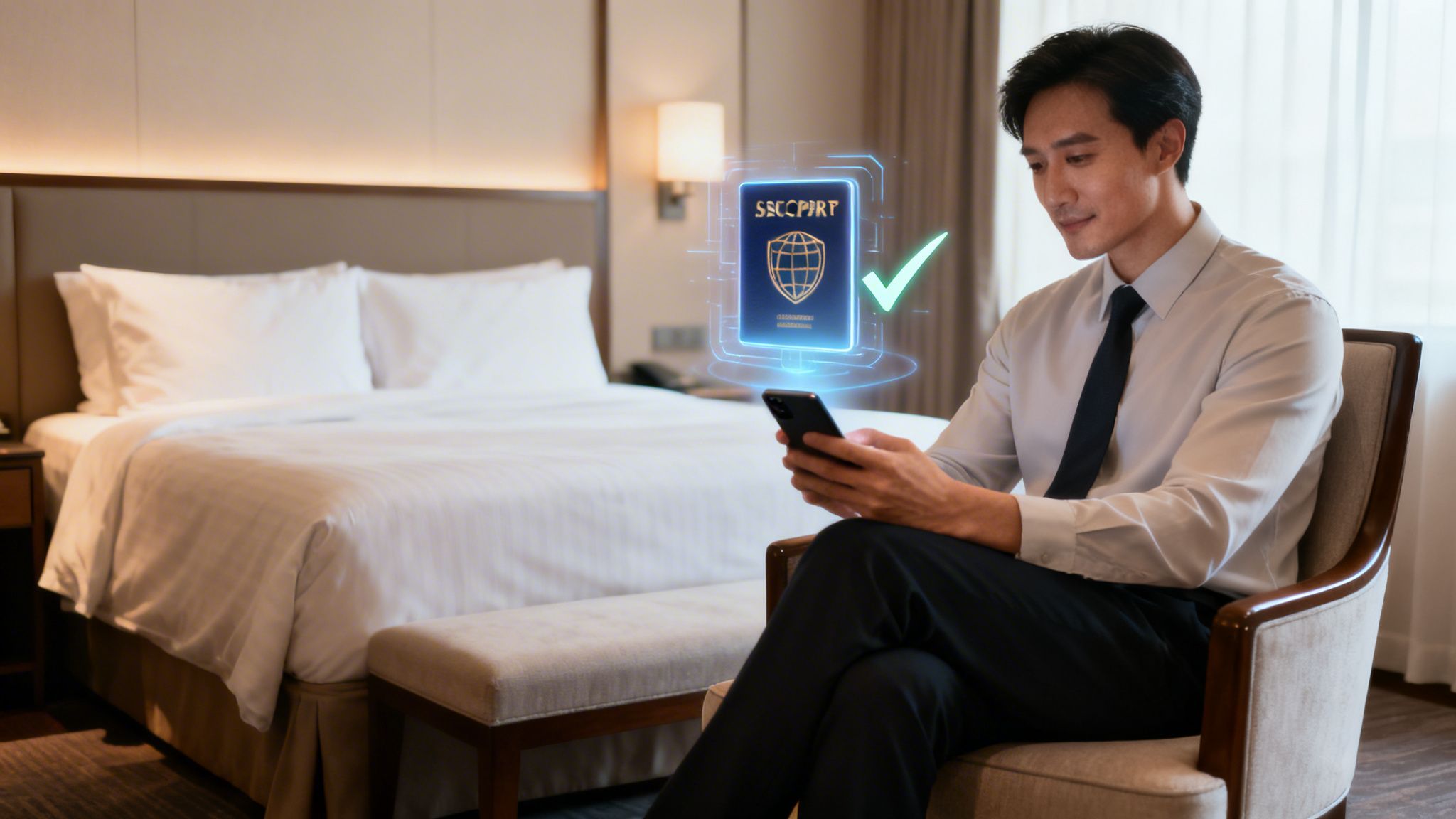 Man in a hotel room uses smartphone for digital passport verification with a glowing checkmark.