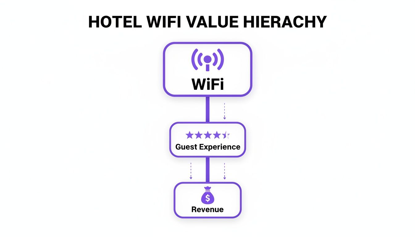 A value hierarchy illustrating how hotel WiFi impacts guest experience and drives revenue.