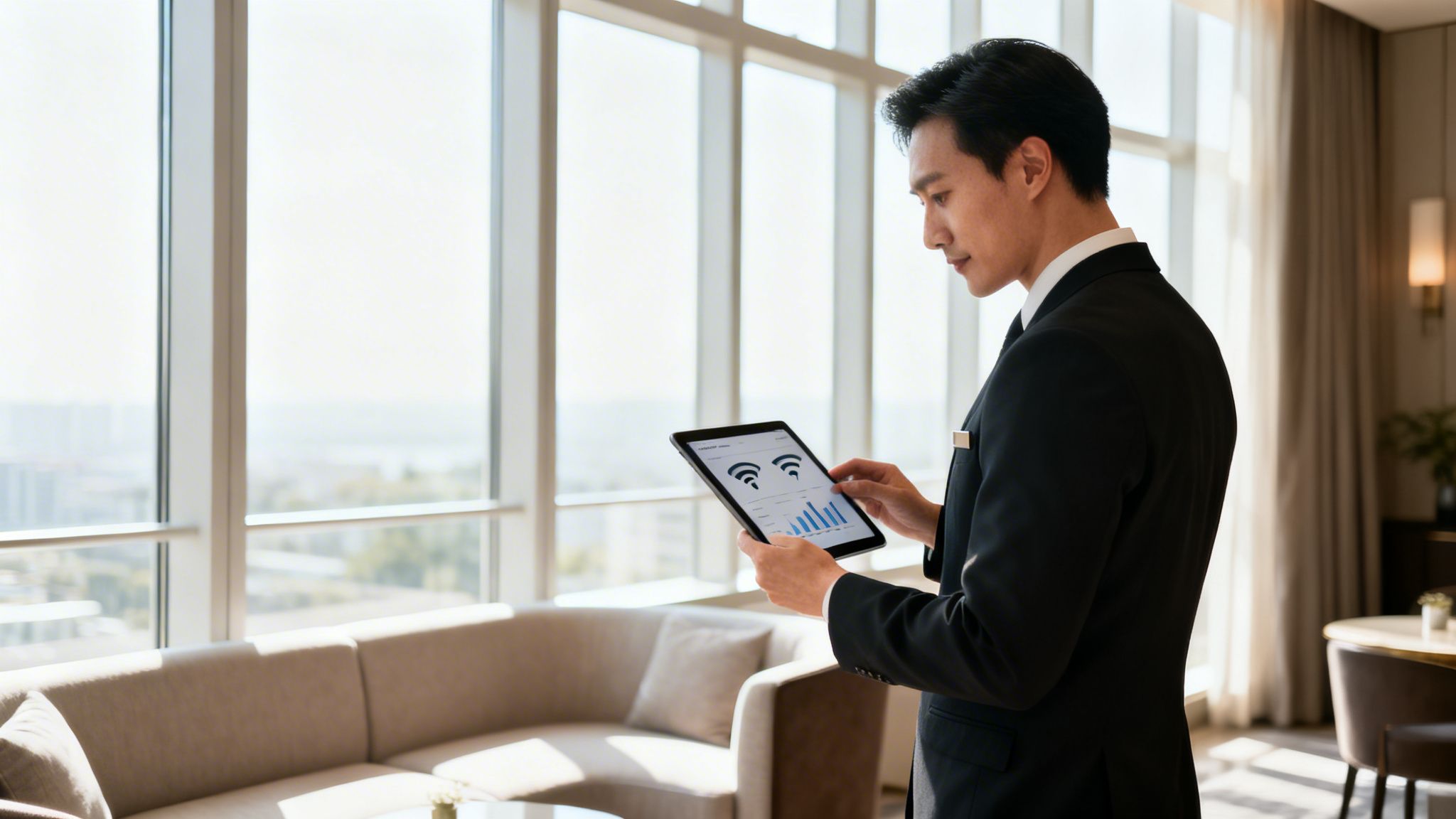 Professional man holding a tablet displaying Wi-Fi analytics and charts in a bright hotel lounge.