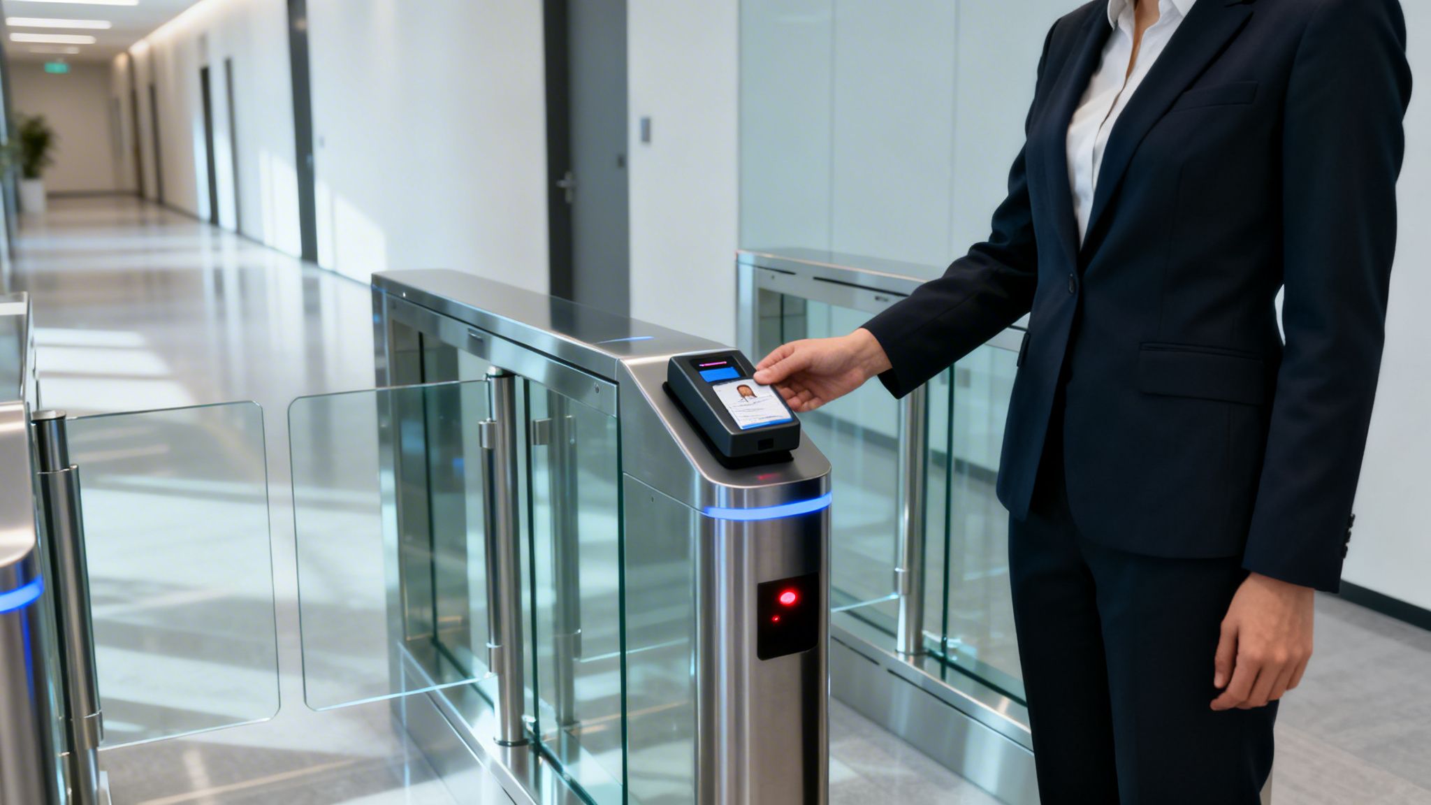 A person in a business suit scans an ID card at a modern office turnstile for entry.