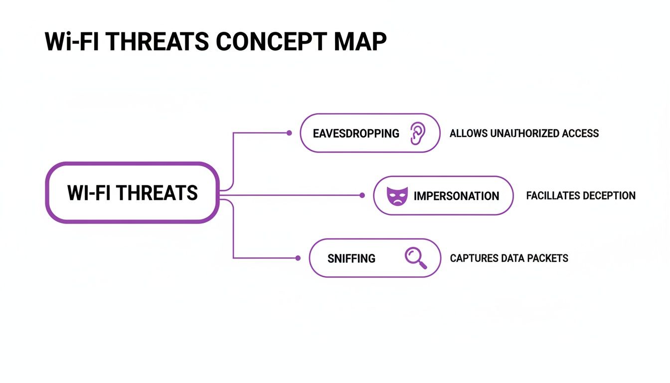 A concept map outlining Wi-Fi threats like eavesdropping, impersonation, and sniffing, with their effects.
