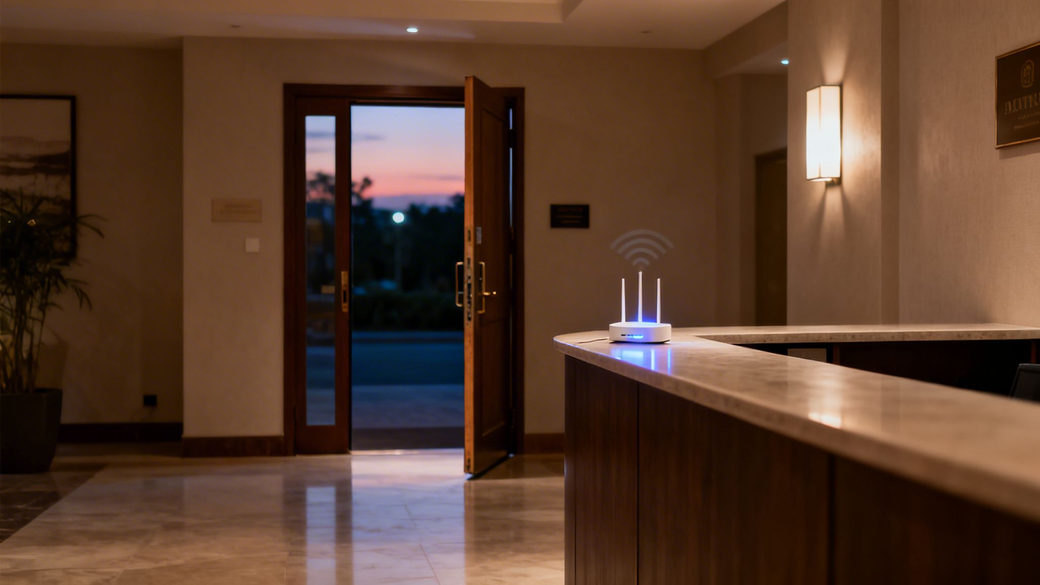 A white WiFi router with three antennas on a marble counter in a modern lobby with an open door.