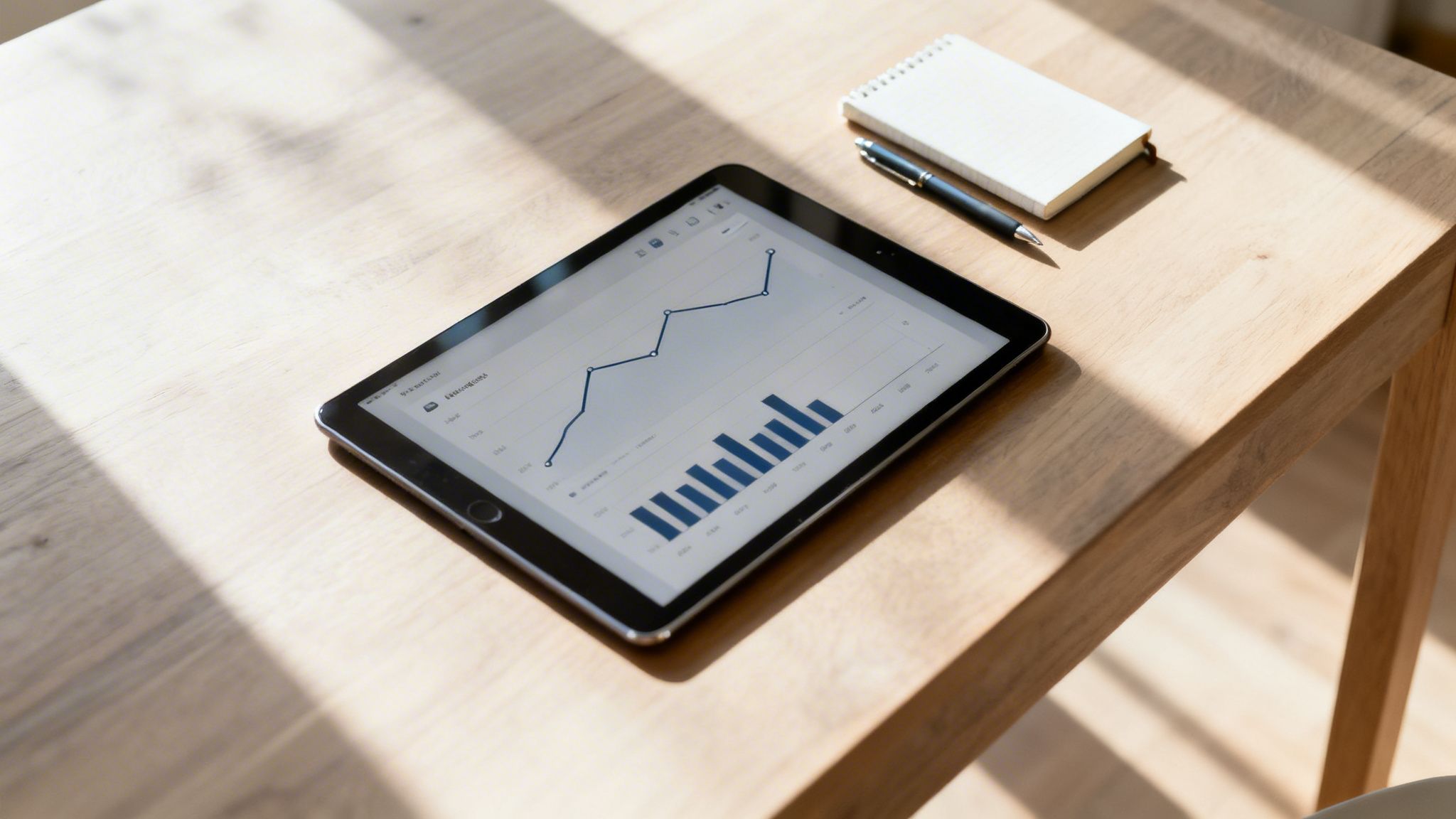 An iPad displaying digital graphs and charts for business analysis, with a notebook and pen on a wooden desk.