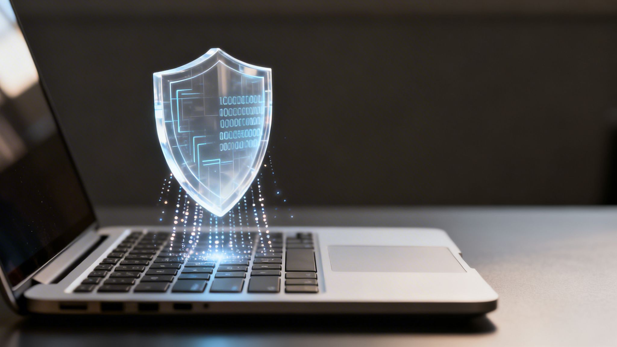 A glowing, holographic shield icon with binary code hovers above a laptop keyboard, symbolizing data protection.