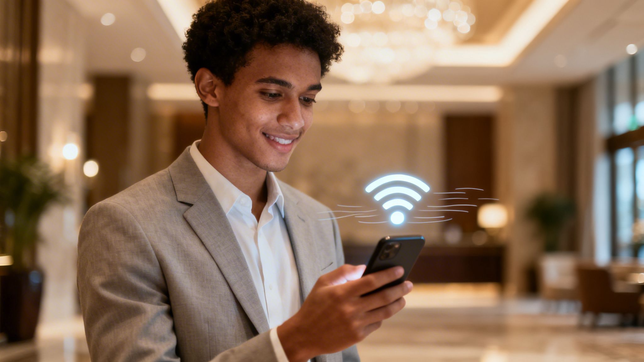 Smiling young man in a suit using a smartphone with a glowing Wi-Fi symbol in a modern lobby.
