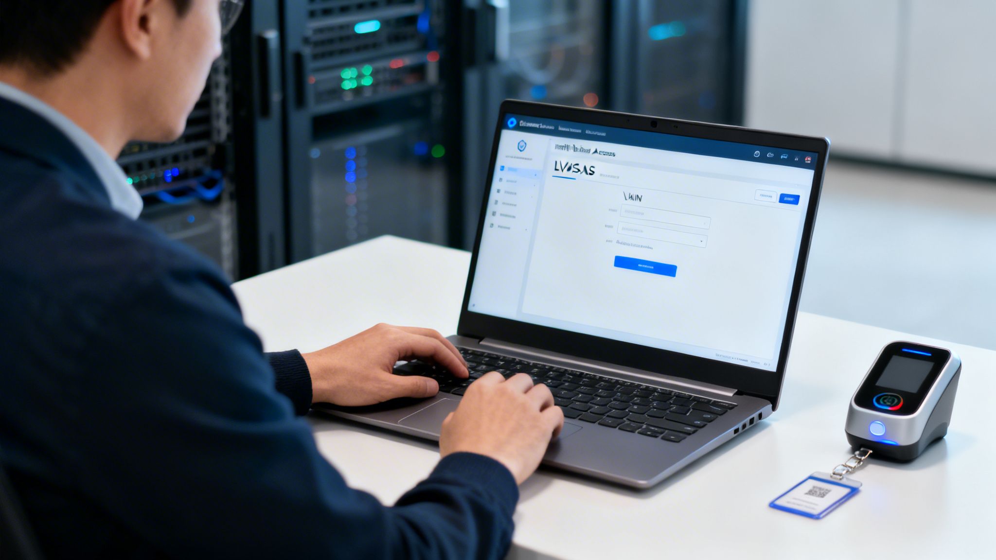 Person typing on a laptop with a login screen next to a security device in a server room.