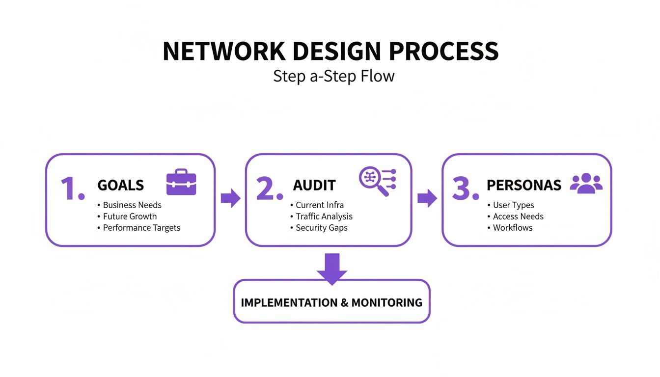A flowchart outlining the network design process with steps for goals, audit, personas, and implementation.