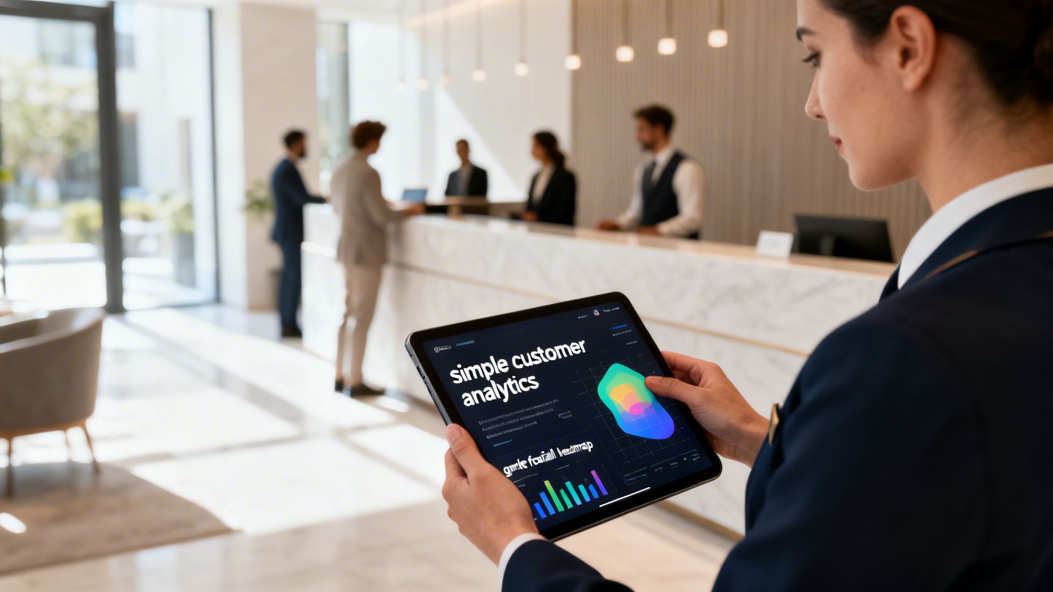A woman holds a tablet displaying "simple customer analytics" with colorful graphs in a modern reception area.