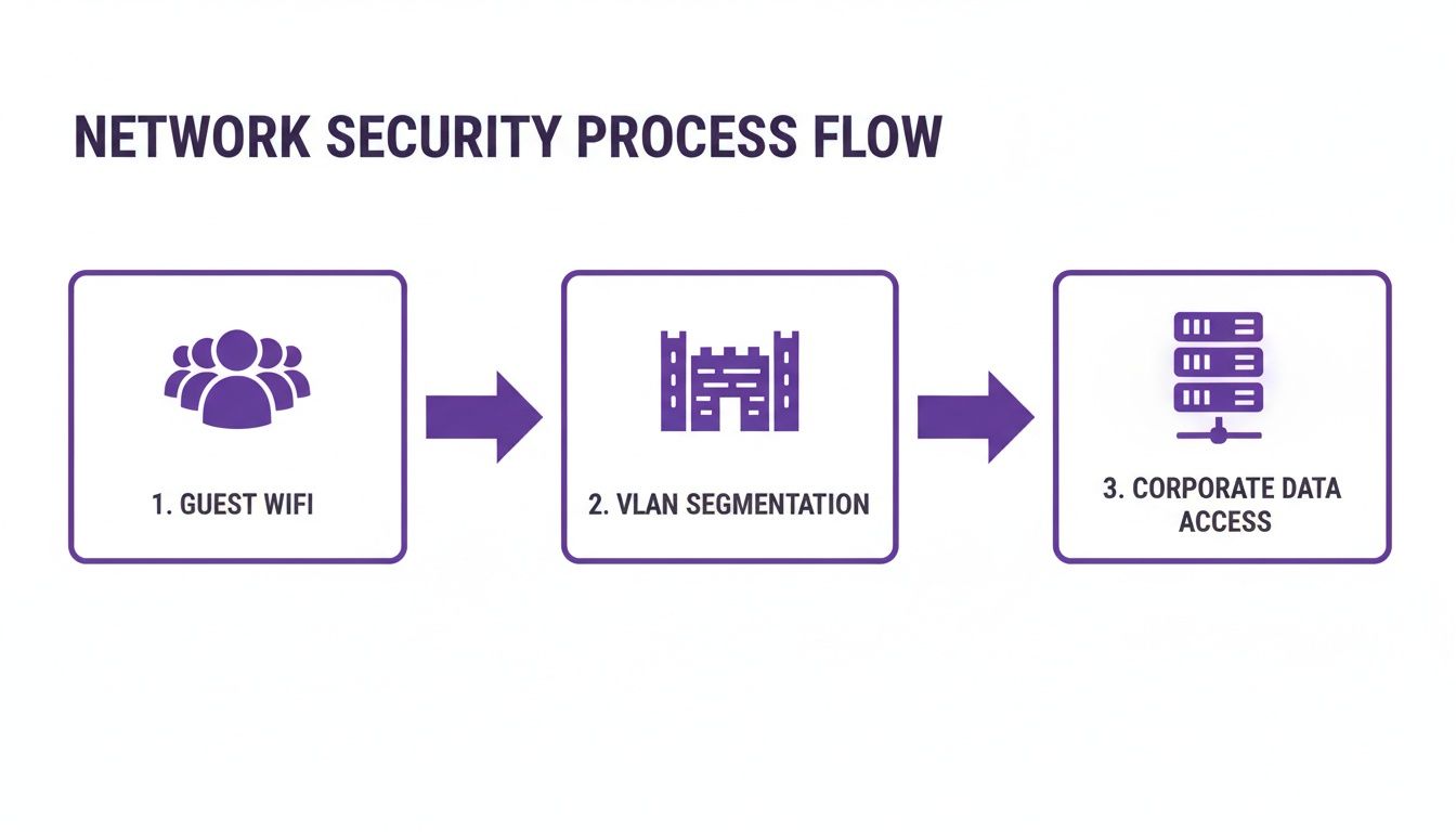 A network security process flow diagram detailing guest Wi-Fi, VLAN segmentation, and corporate data access.