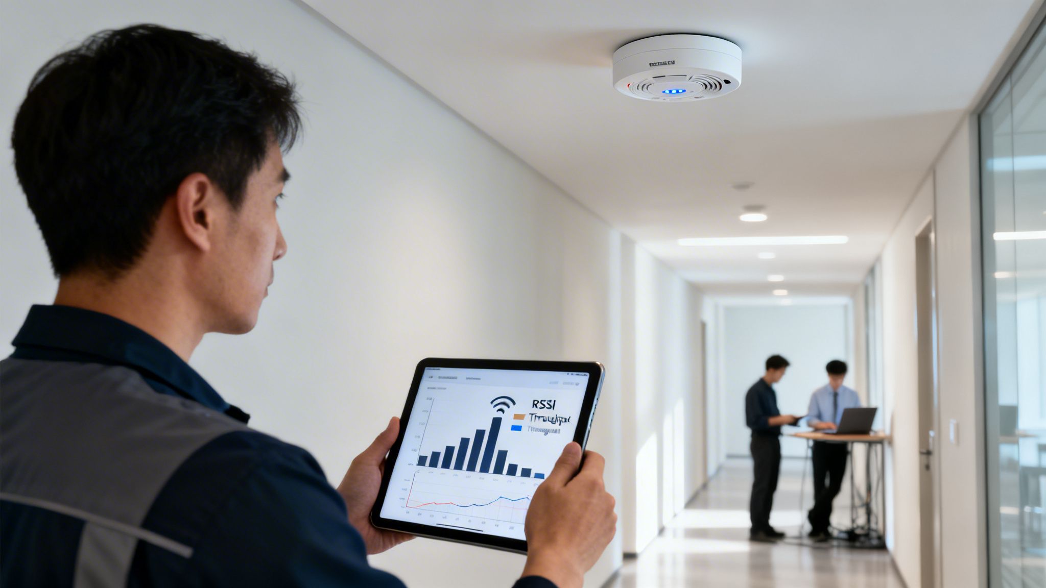 Technician monitors Wi-Fi signal strength on a tablet near a ceiling-mounted access point in an office.