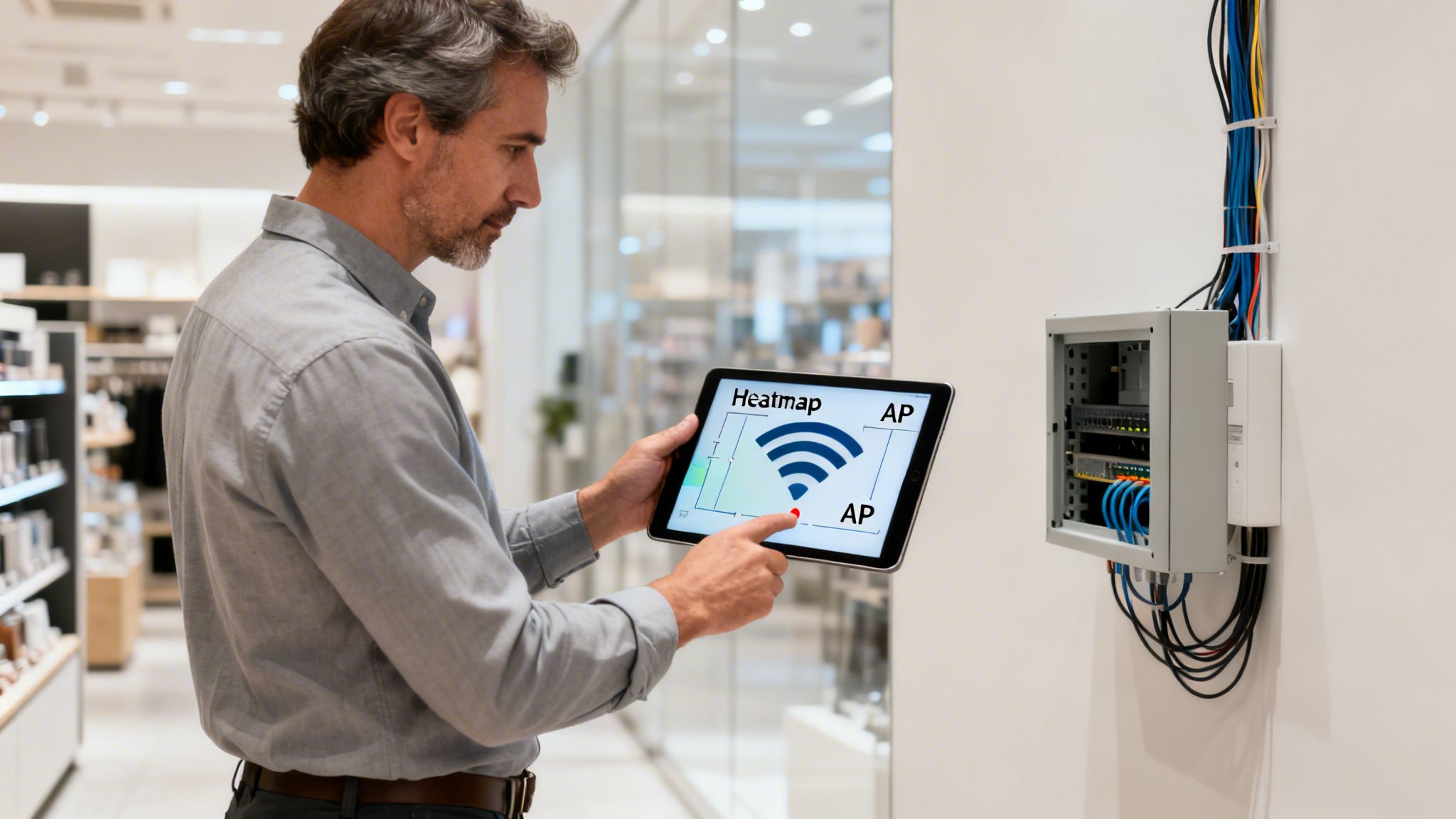 Man uses a tablet to check Wi-Fi signal heatmap in a commercial building.
