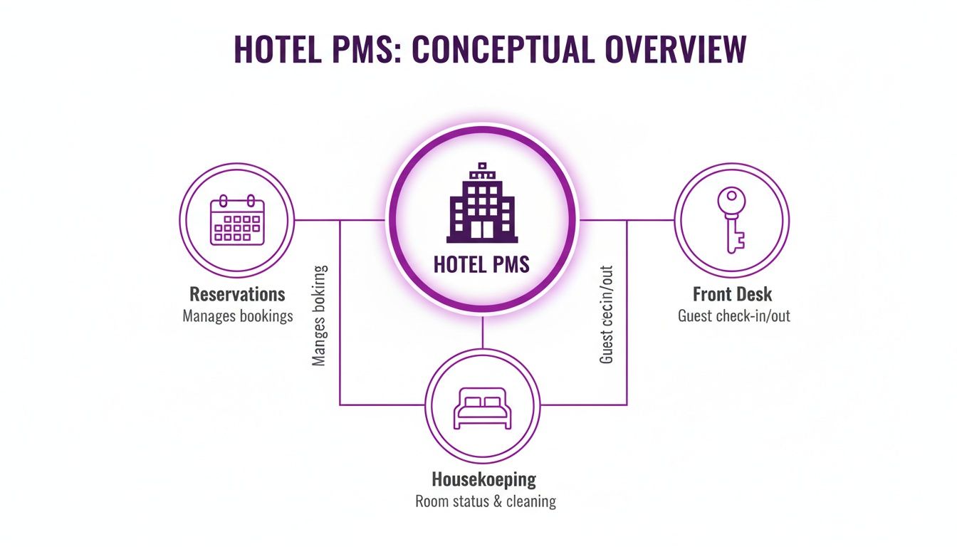 Conceptual overview of a Hotel PMS demonstrating connections between reservations, front desk, and housekeeping modules.