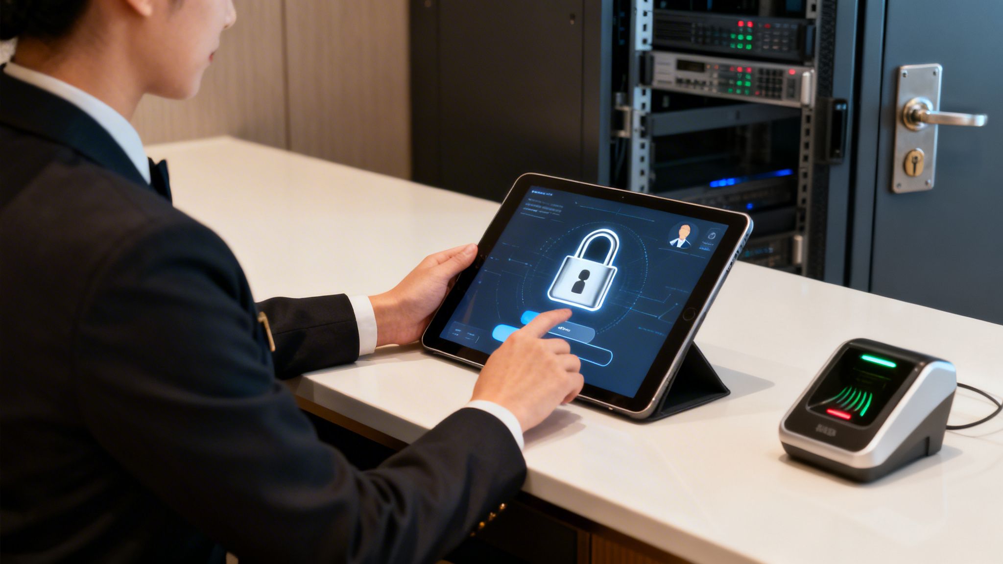 A professional uses a tablet application to control access to a secure server room, next to a biometric scanner.