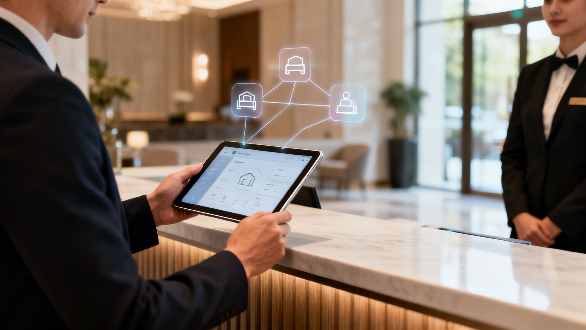 A hotel staff member uses a tablet with smart room controls and holographic icons in a lobby.