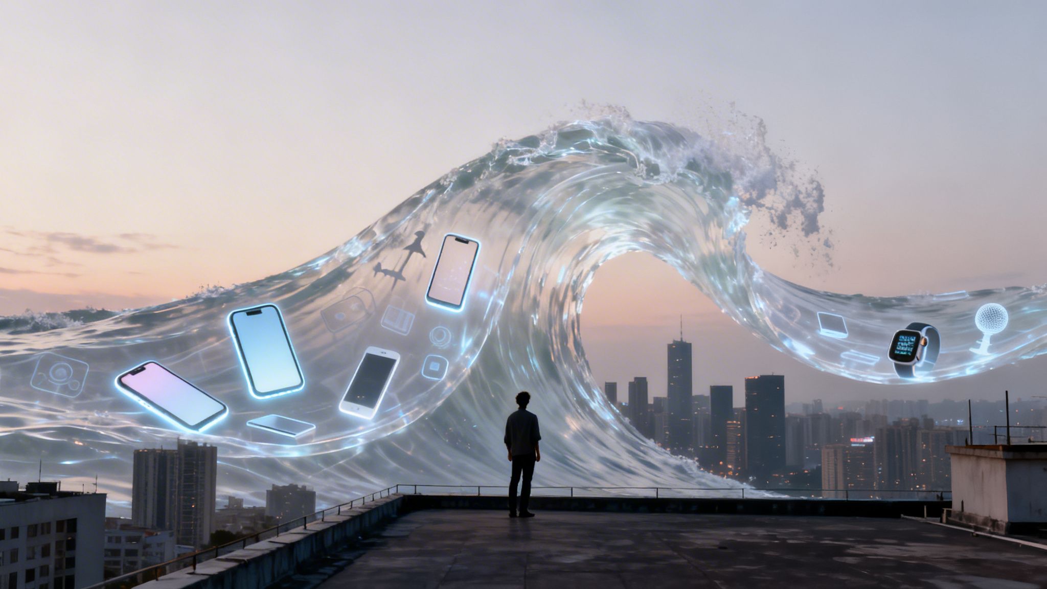 A person views a glowing digital wave, filled with various smart devices, crashing over a city skyline.