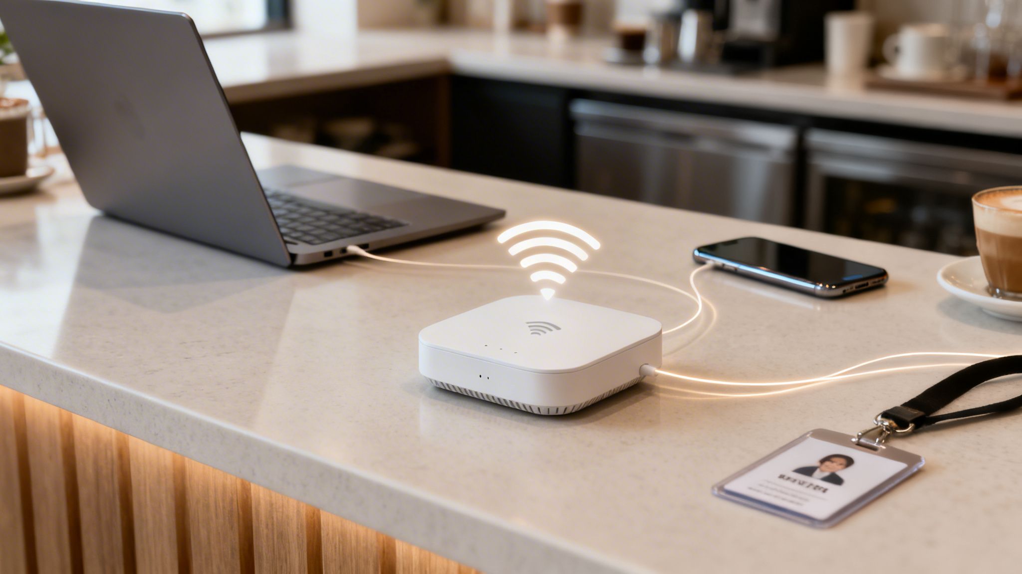 A white smart home hub with glowing WiFi signal connects a laptop and smartphone on a countertop.