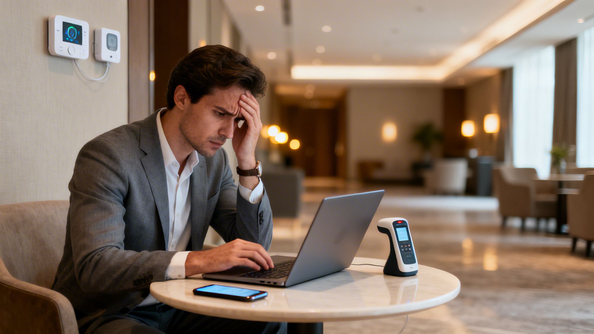 A stressed man uses a laptop, surrounded by various connected devices in a modern setting.