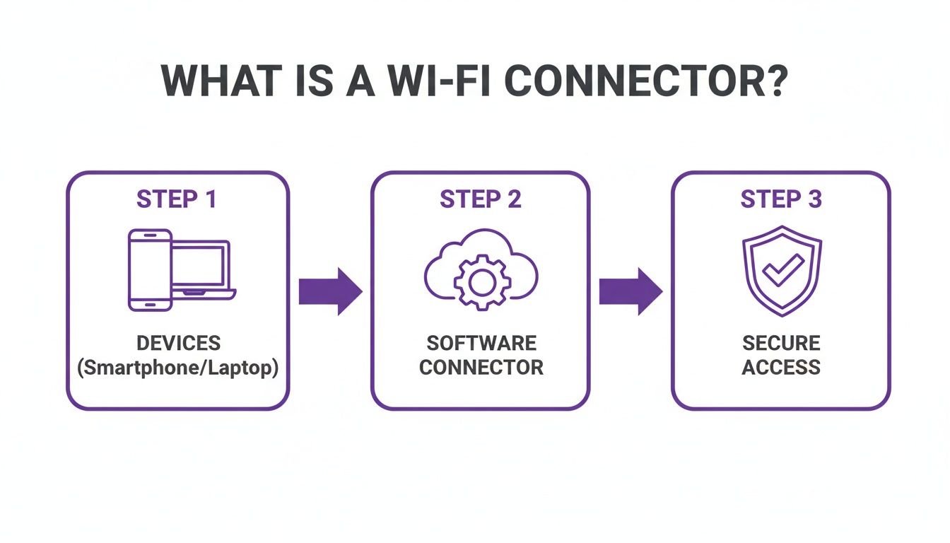 Diagram illustrating a Wi-Fi connector process, showing devices connecting through software for secure access.