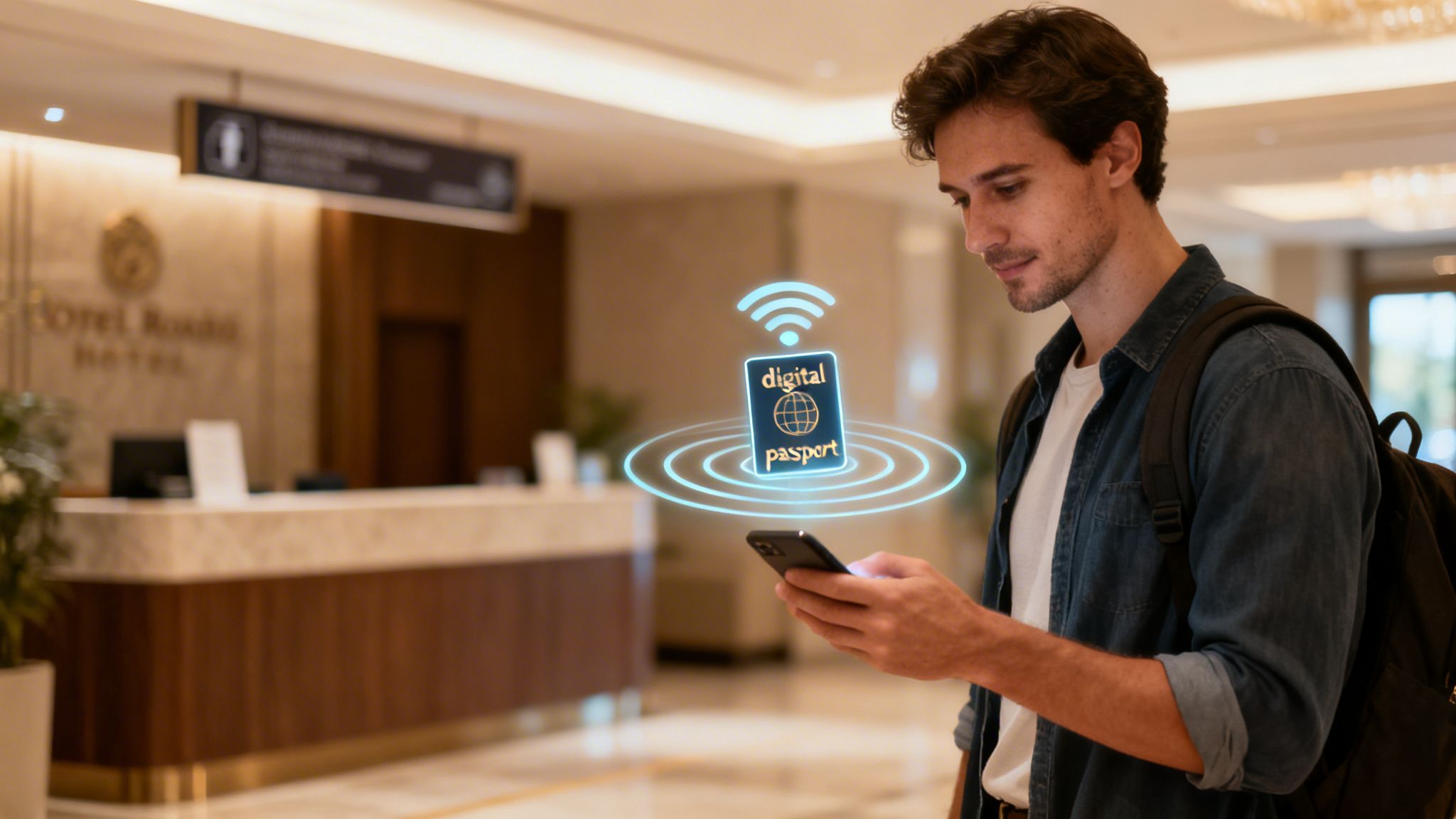 A man in a hotel lobby uses his smartphone, showing a digital passport icon with a Wi-Fi signal, representing modern travel.