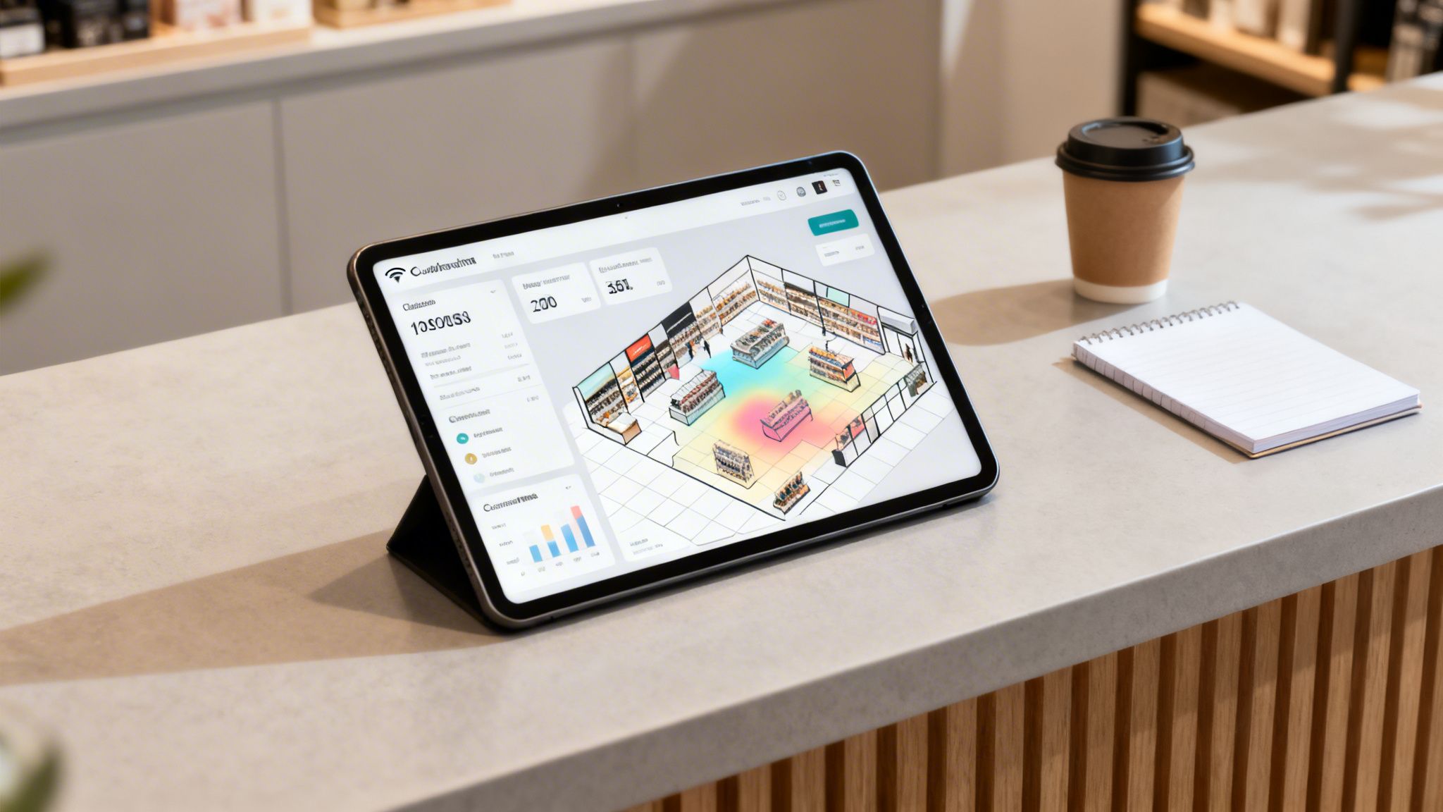 A tablet on a counter displays a retail store layout with a heat map, a coffee cup, and a notebook.