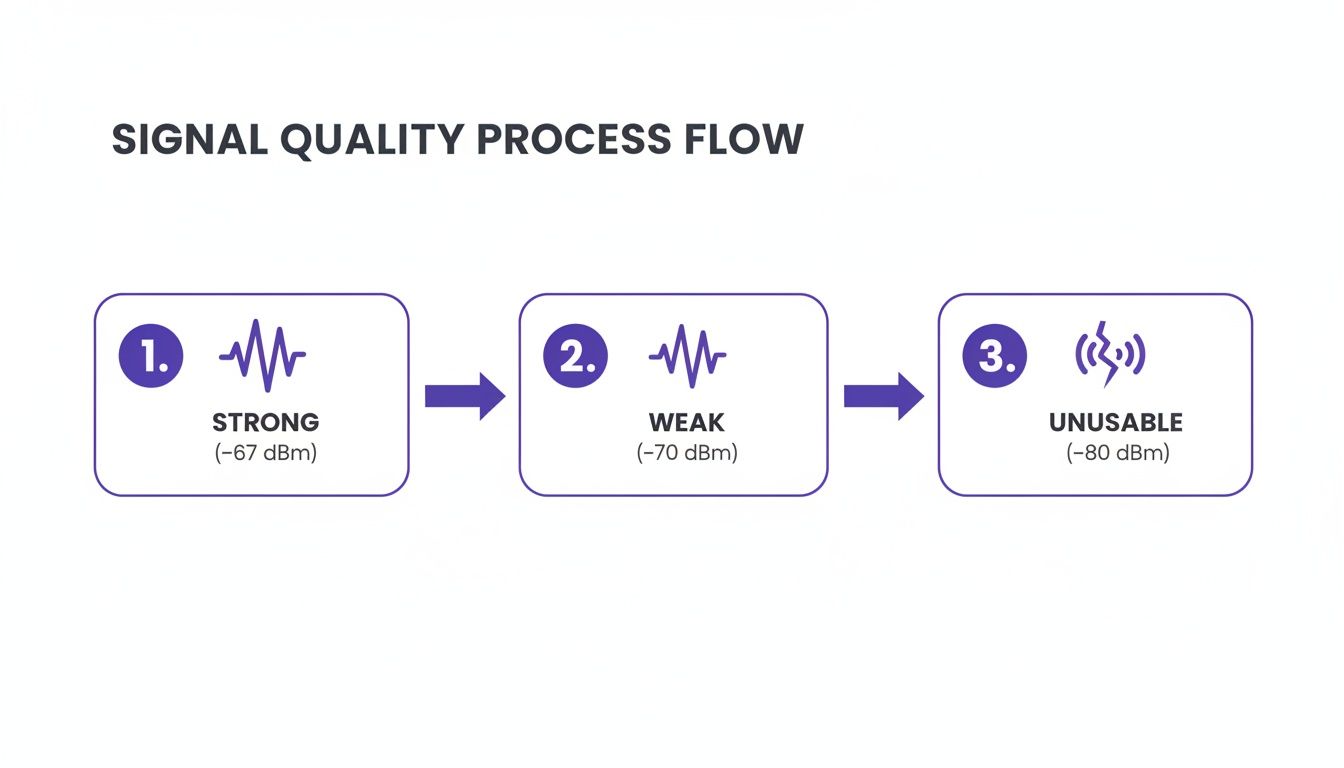 Flowchart illustrating signal quality progression from strong (-67 dBm) to weak (-70 dBm) to unusable (-80 dBm).