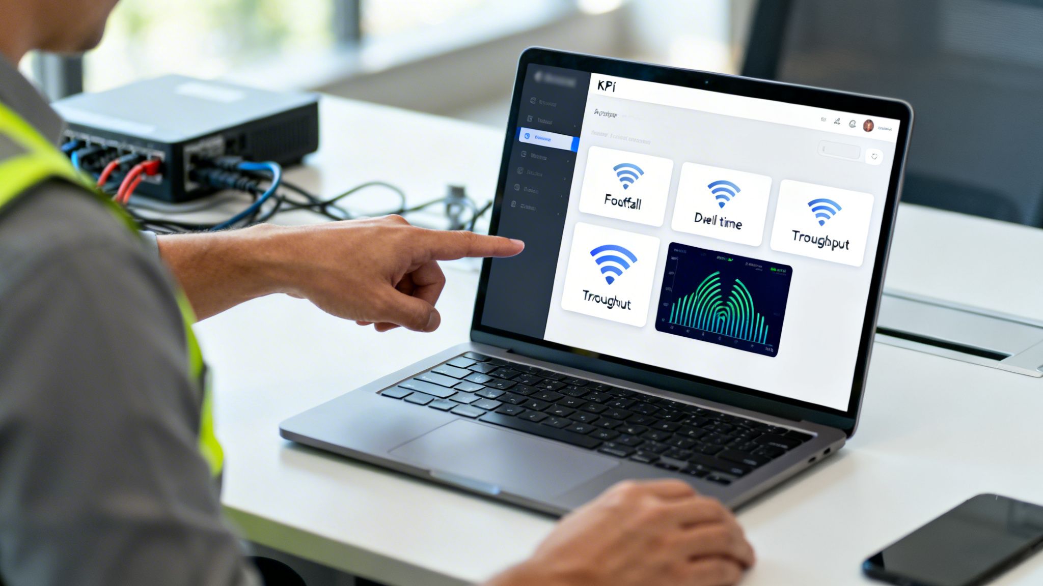 A person in a safety vest points at a laptop displaying a KPI dashboard with Wi-Fi signal strength metrics and charts. Network switch in background.