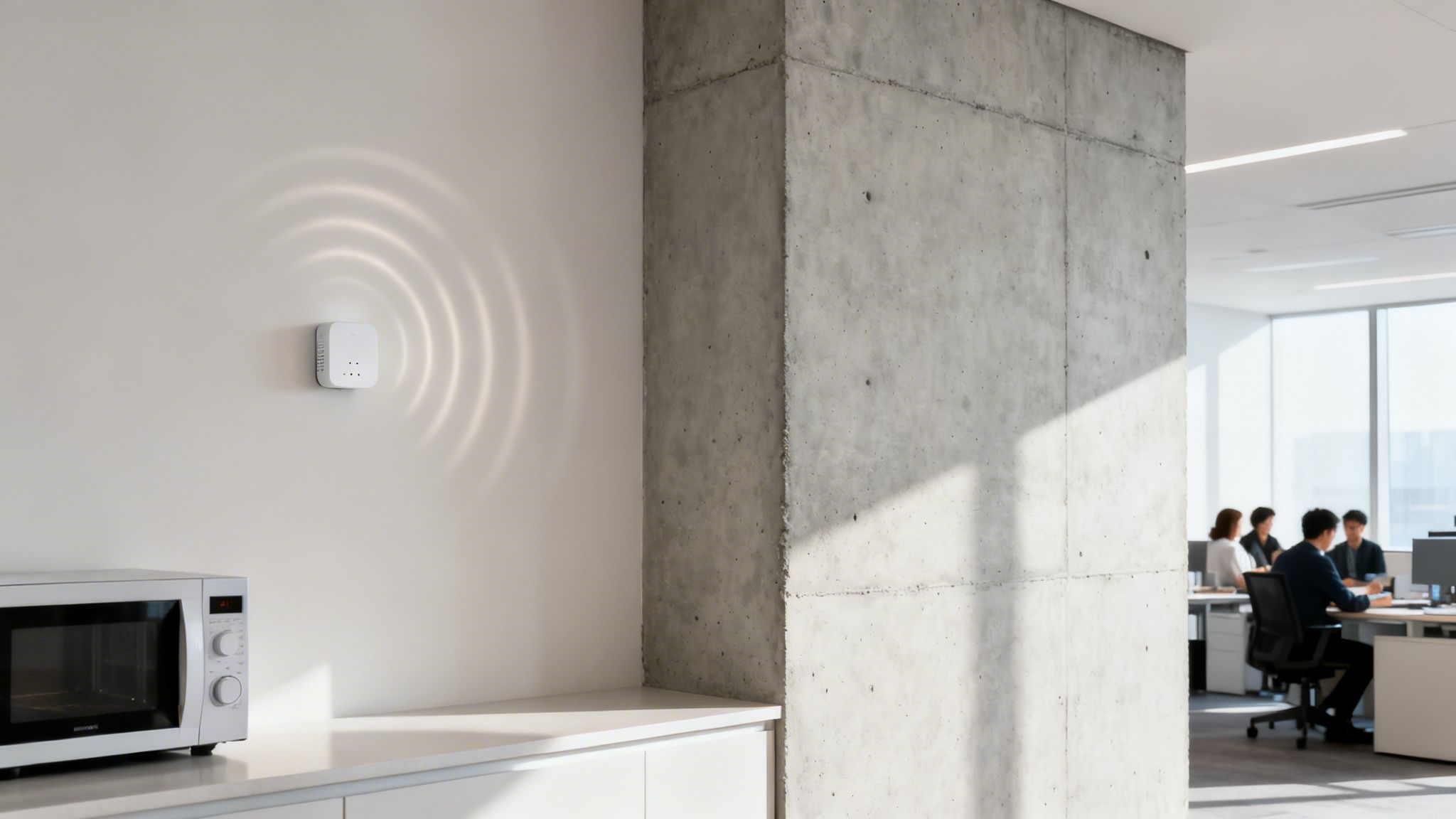 A white smart device on a white wall emitting signal waves, with a microwave and office background.