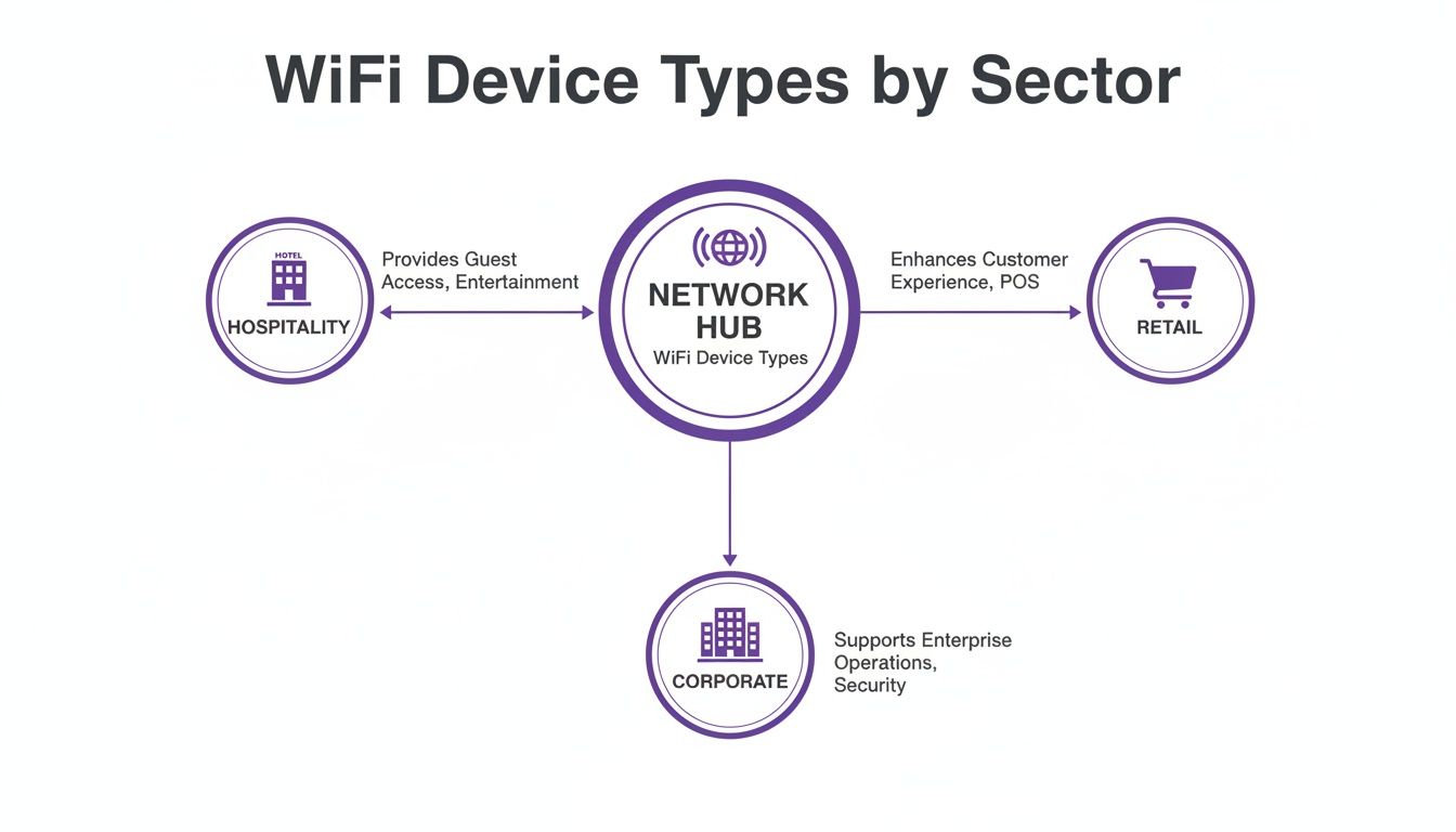 Diagram illustrating WiFi device types and their applications across hospitality, retail, and corporate sectors.