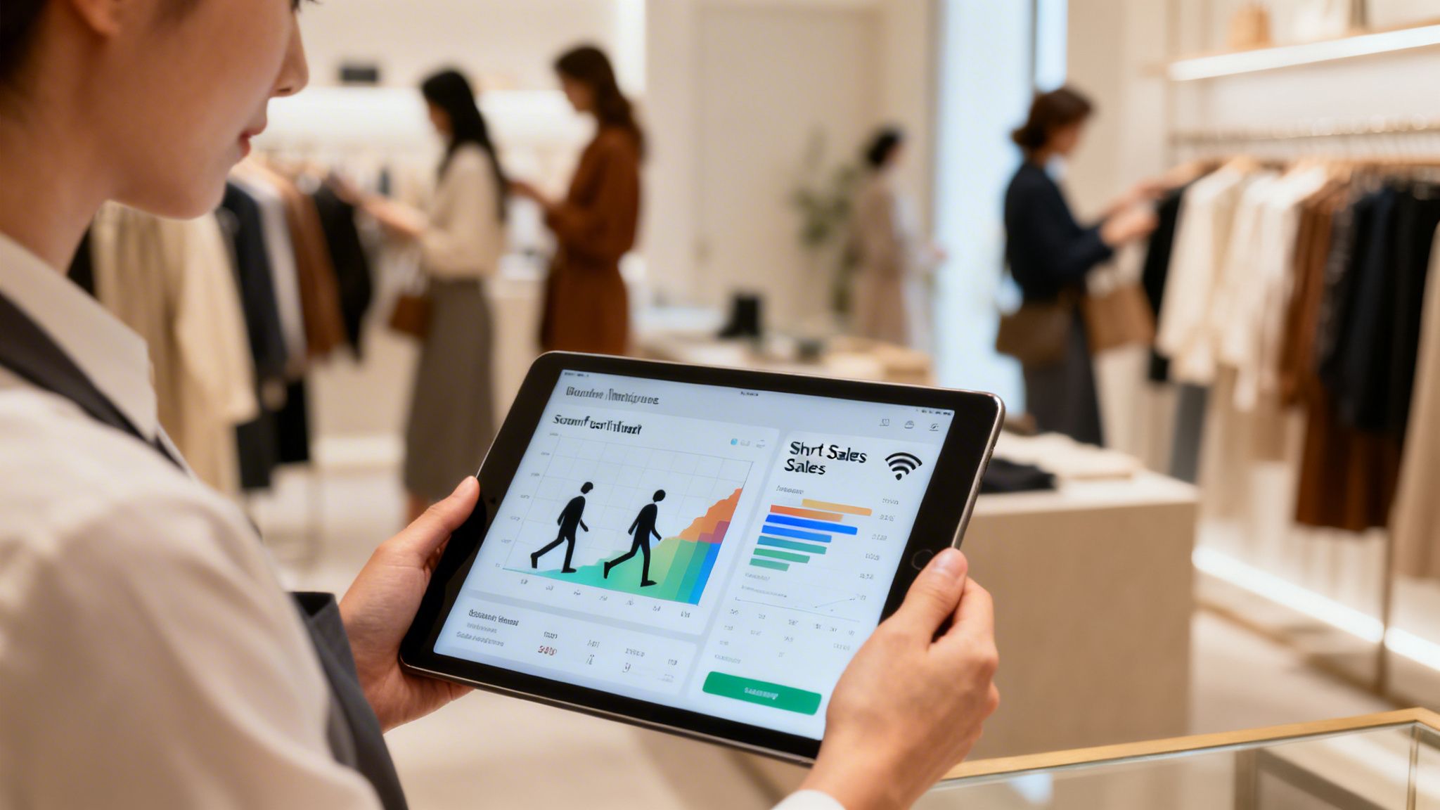 A person holds a tablet displaying sales graphs and data in a modern clothing store with customers browsing.