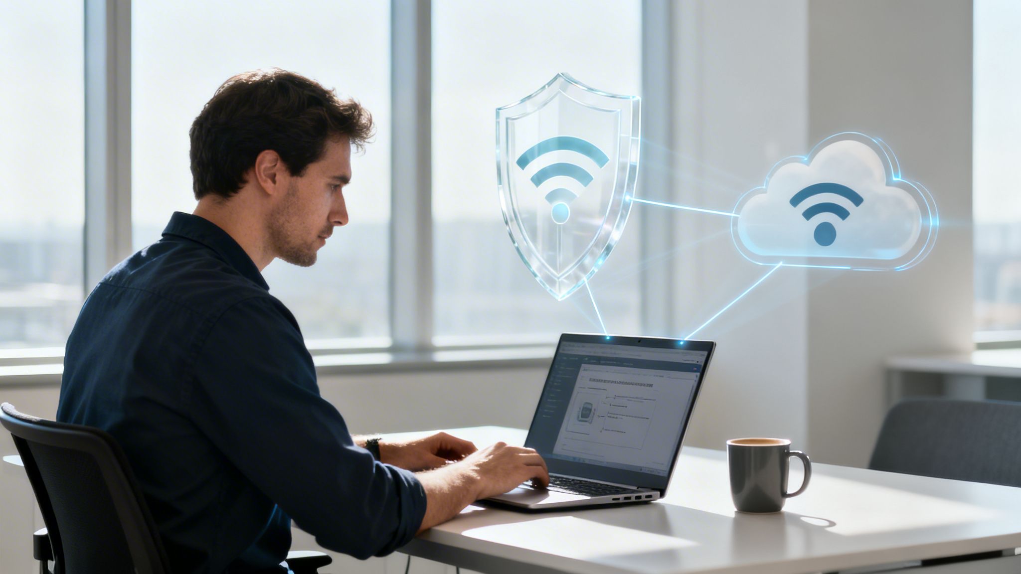 Man using laptop with digital Wi-Fi shield and cloud icons, symbolizing secure network connection.