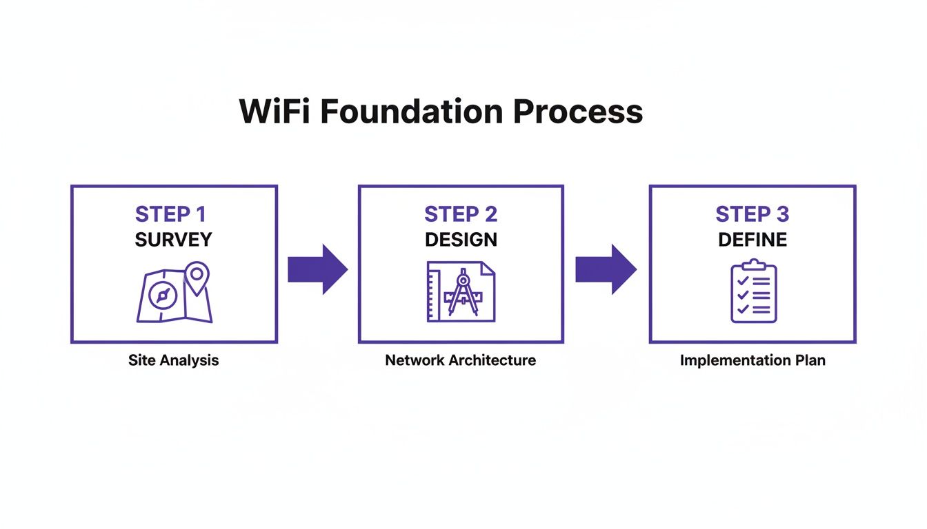 Diagram illustrating the three steps of the WiFi Foundation Process: Survey, Design, and Define, with icons.