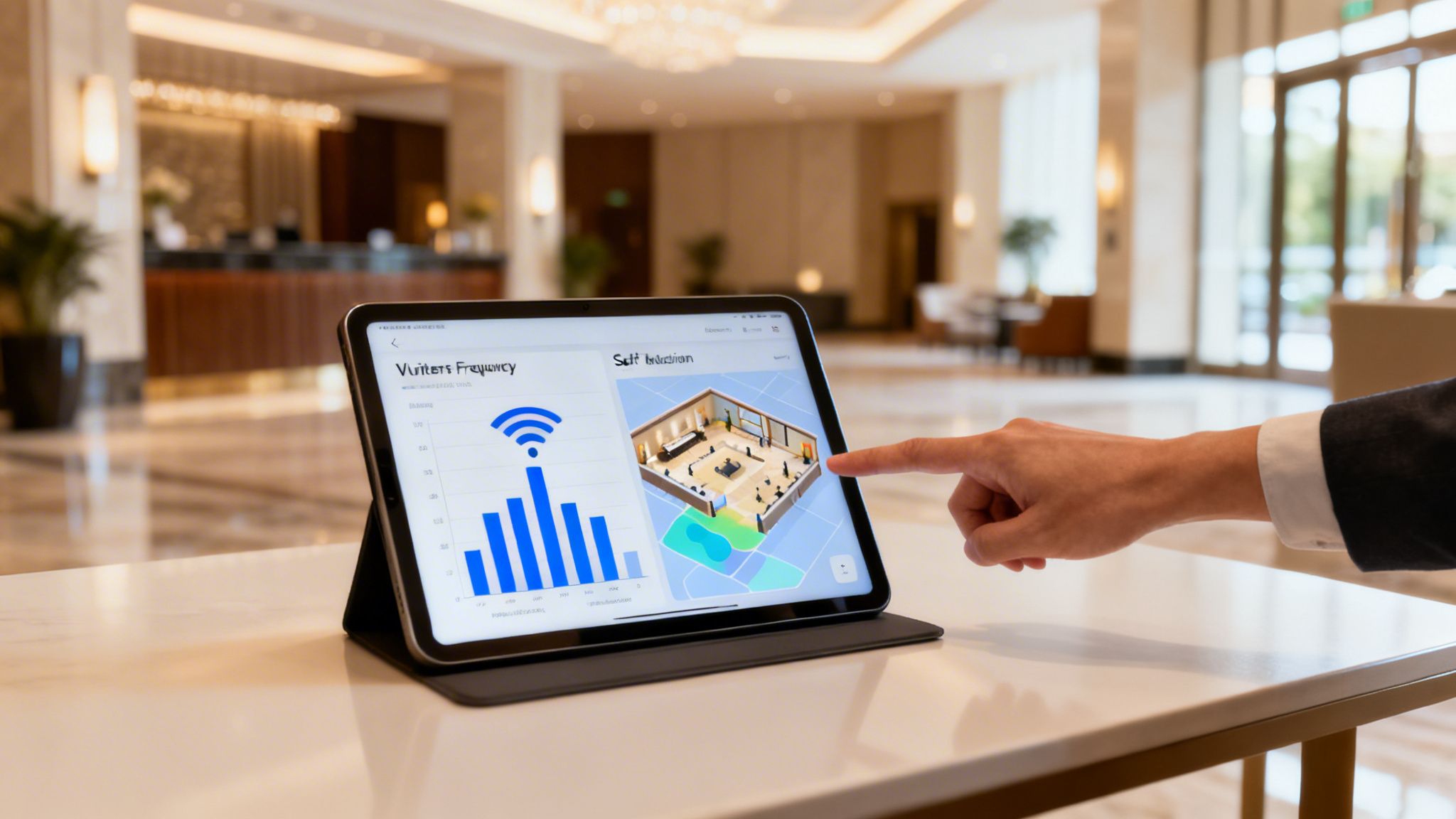 A hand interacts with a tablet showing Wi-Fi visitor frequency data and a 3D floor plan in a modern hotel lobby.