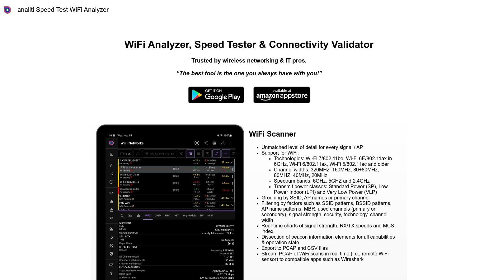analiti – Speed Test WiFi Analyzer displaying detailed network information on an Android device