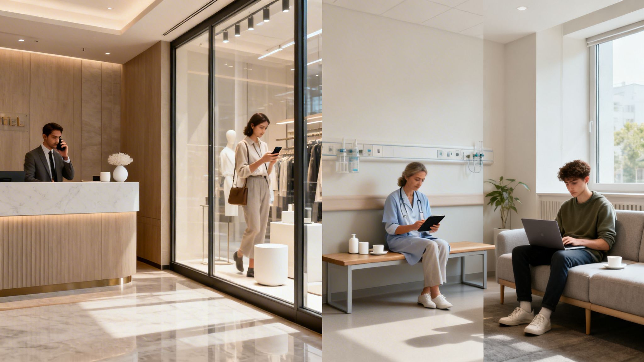 People in a modern hotel lobby and a hospital waiting room using phones, tablets, and laptops.