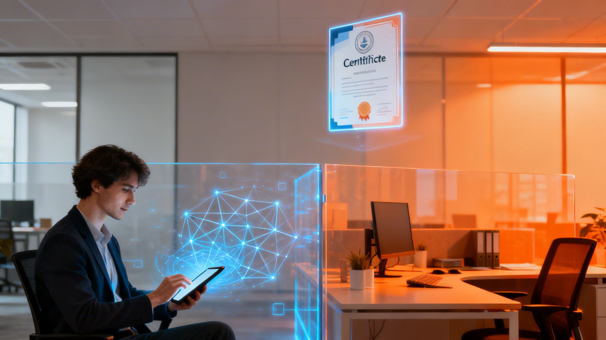 Young man using a digital tablet with a holographic certificate and blockchain network in an office.