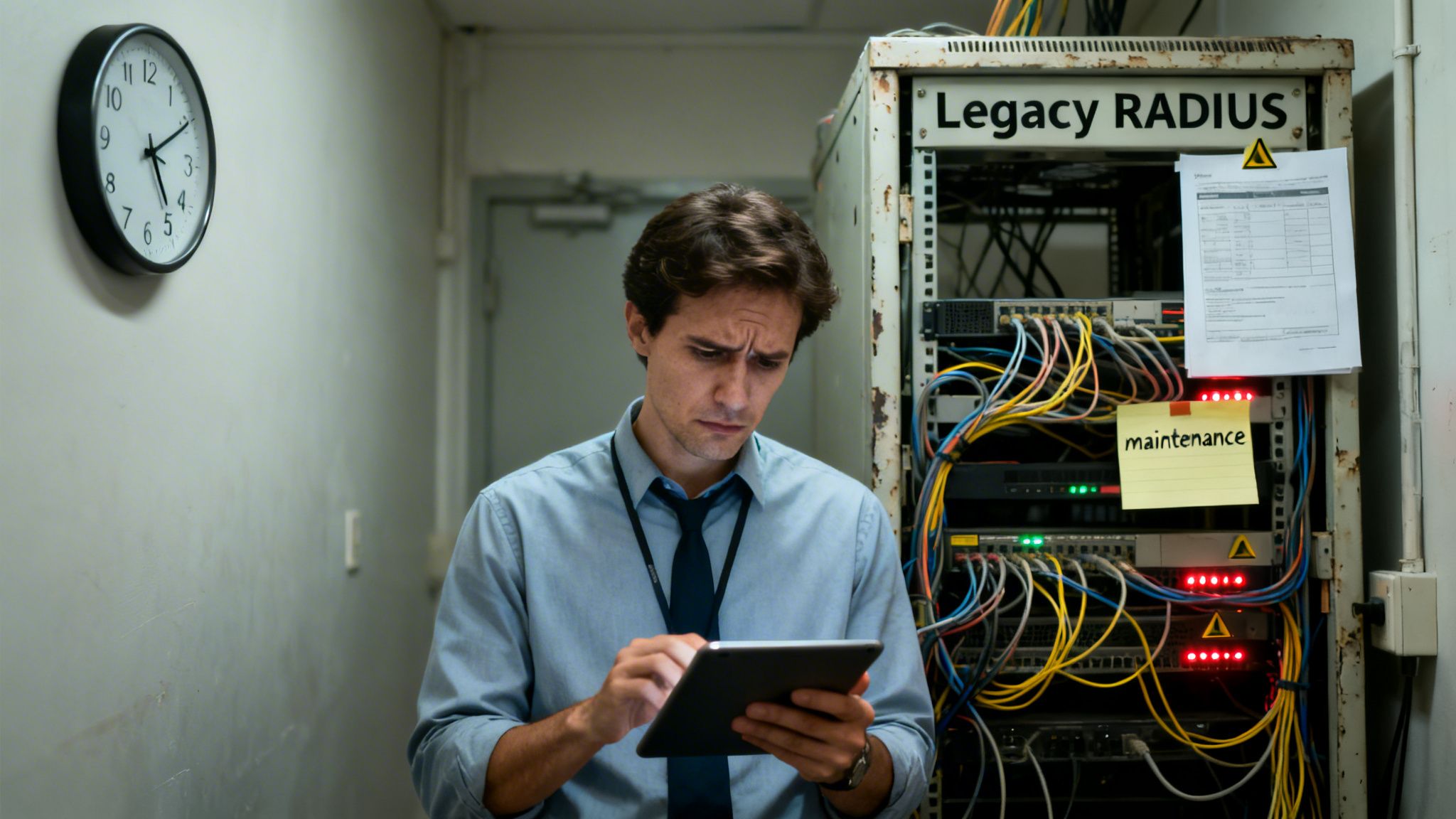 A concerned IT professional troubleshoots a 'Legacy RADIUS' server with a tablet, indicating maintenance.