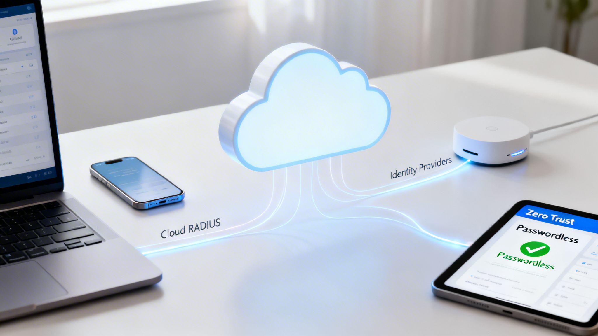 A 3D render illustrating cloud RADIUS and identity providers connecting devices for zero trust passwordless security.