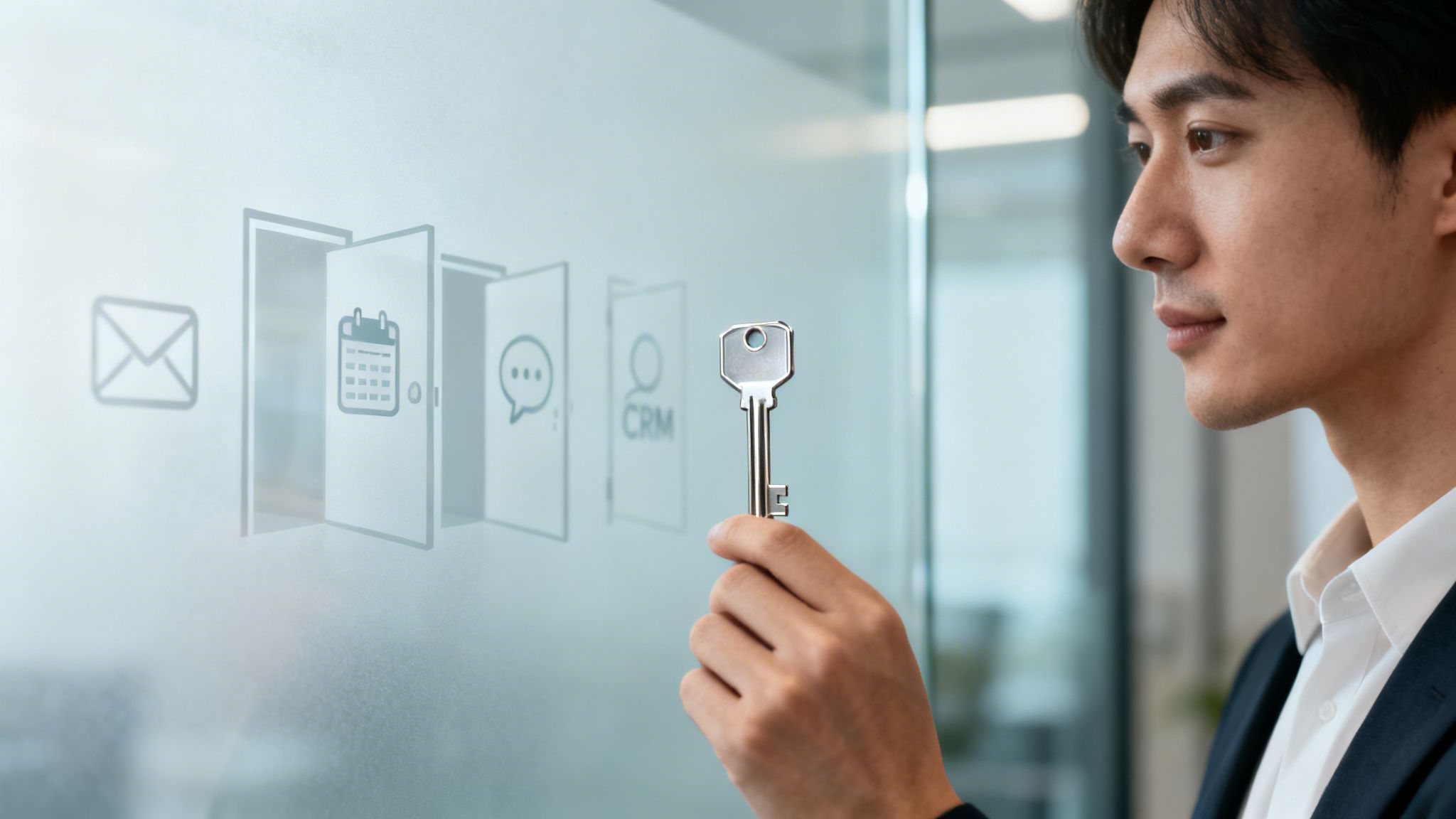 A man holds a key in front of frosted glass with app icons like email, calendar, and CRM.