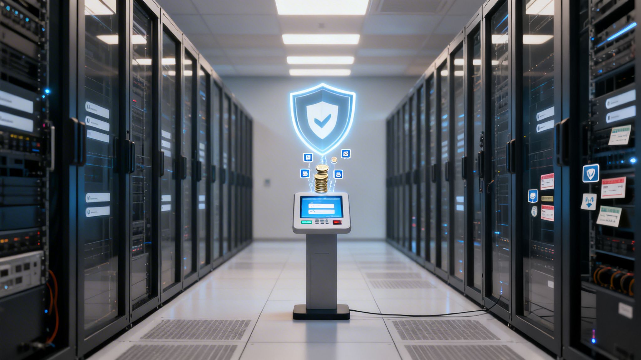Secure data center with glowing shield, login kiosk, and digital financial icons.