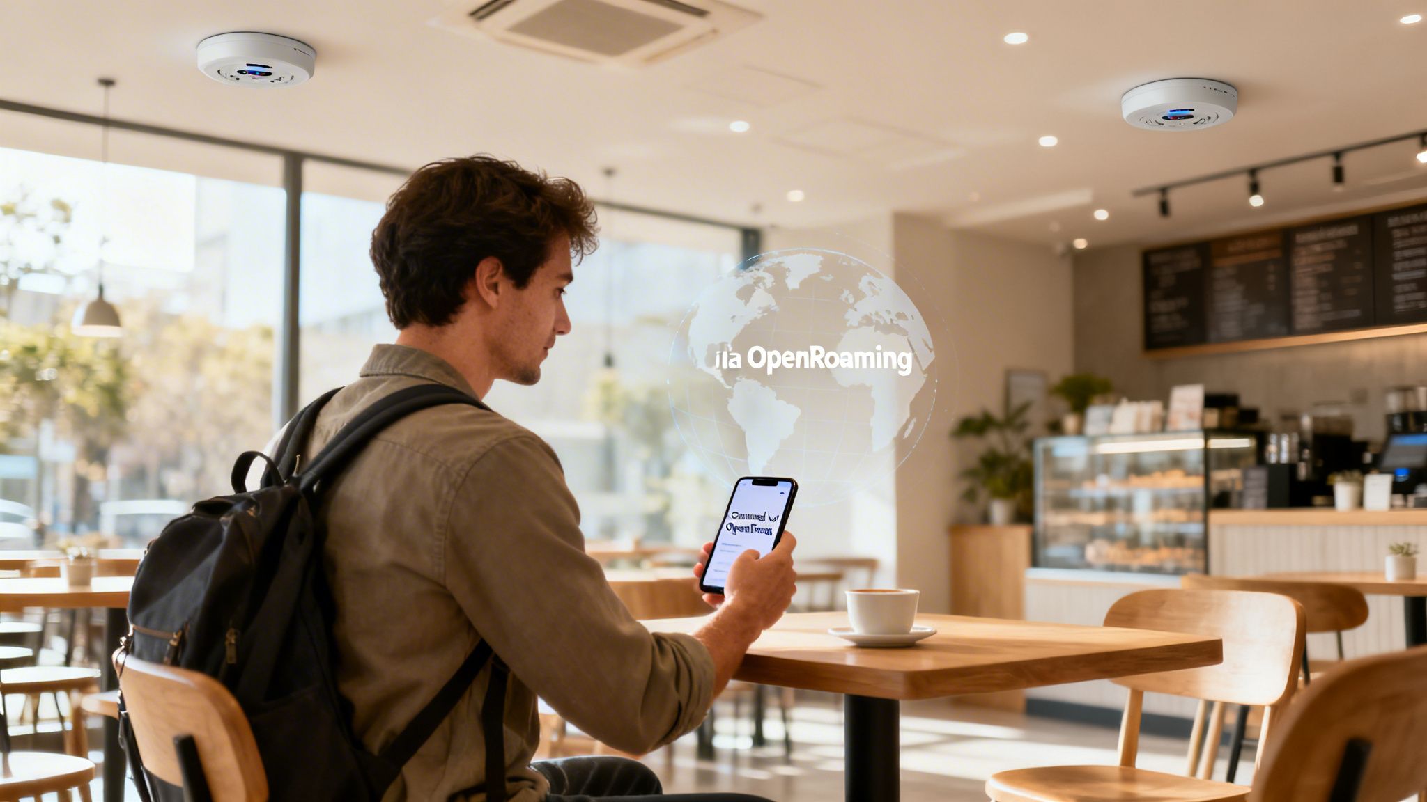 A man in a cafe uses his phone, displaying "OpenRoaming" text, with wireless access points on the ceiling.