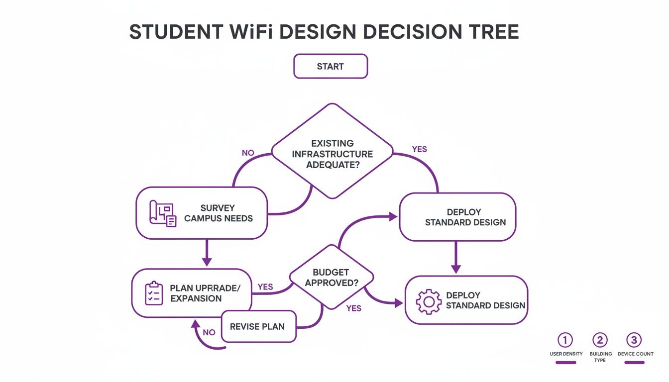 Flowchart showing the Student WiFi Design Decision Tree process, from assessment to deployment.