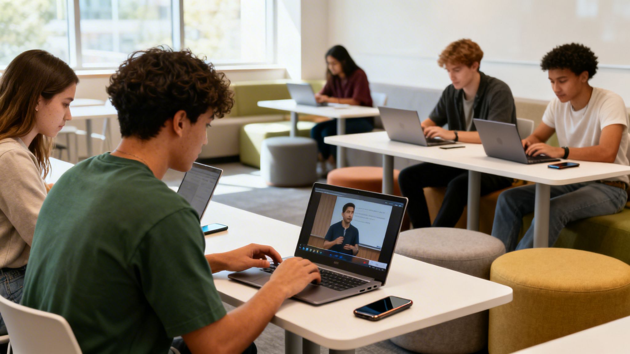 Diverse students use laptops in a bright campus study area, one watches a video lecture.