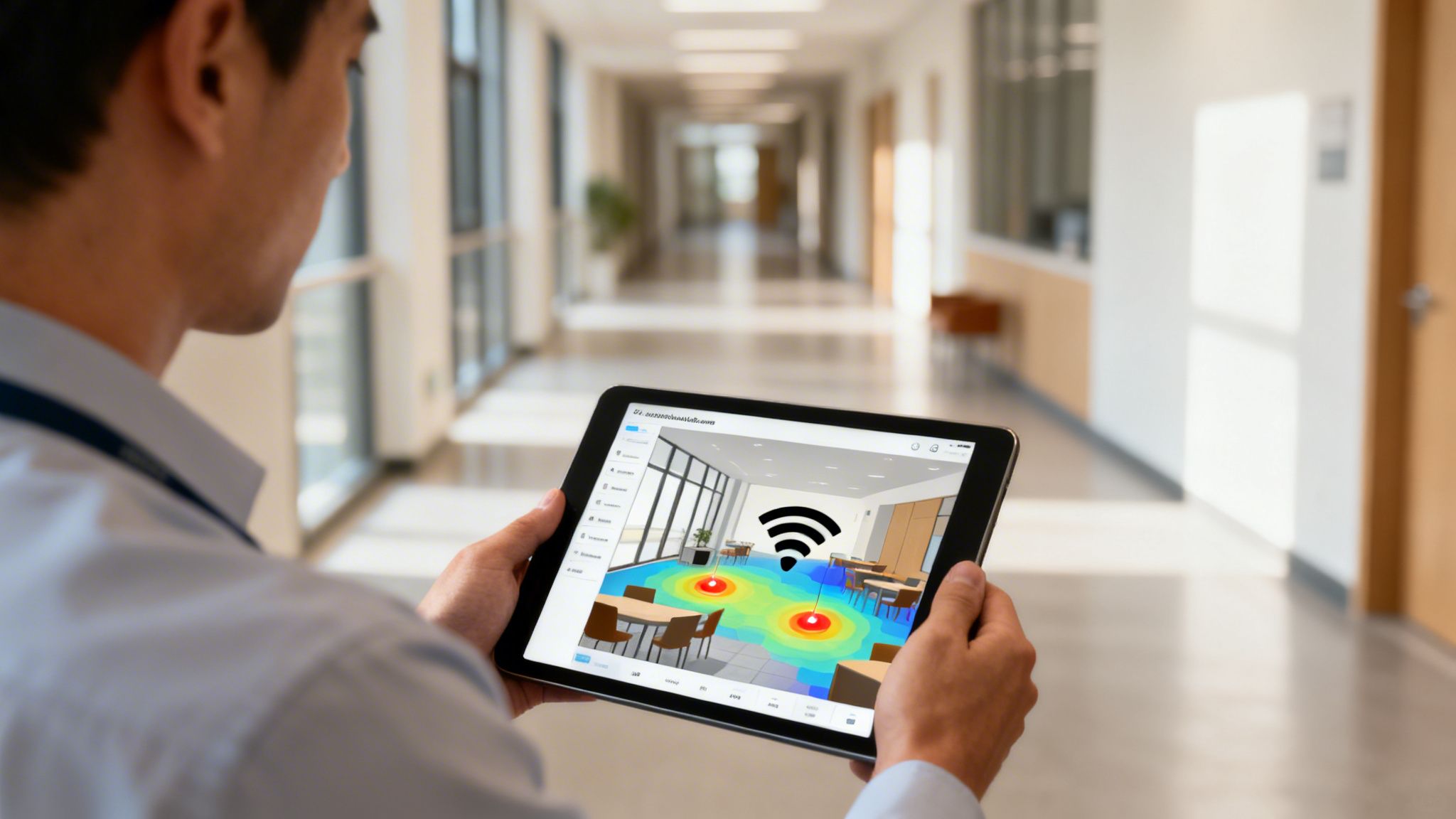A person holds a tablet displaying a Wi-Fi signal heatmap in a cafeteria setting, optimizing network coverage.