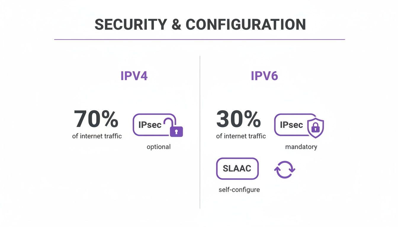 Infographic comparing IPv4 and IPv6 security features, internet traffic percentages, and configuration methods.
