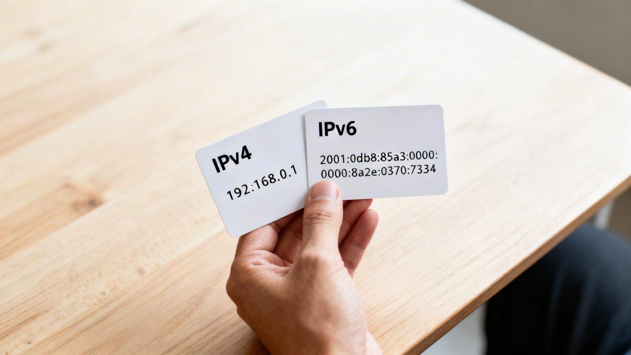 A hand holds two white cards displaying IPv4 and IPv6 addresses on a wooden table.